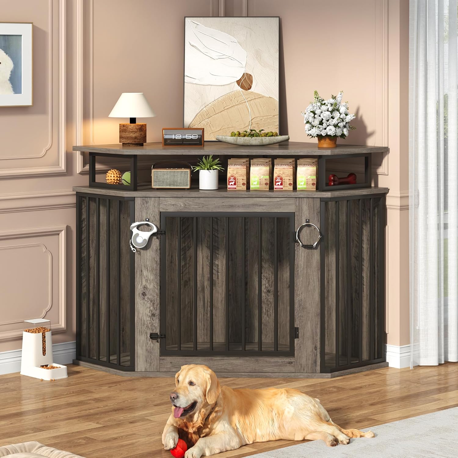 52" Corner Dog Crate Furniture with Storage Shelves, Farmhouse Large Dog Kennel Indoor, Wooden Pet Crate, Heavy Duty, Chew Resistant, 2 Hooks, Washed Gray