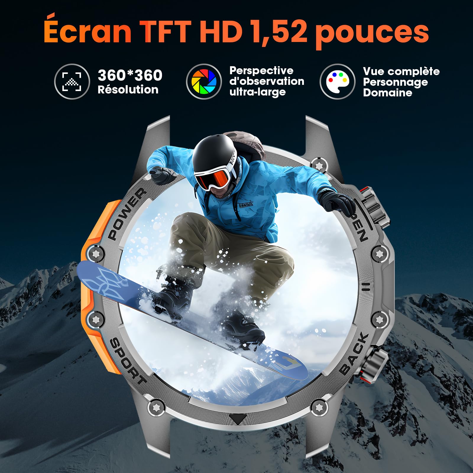 Montre Connectée Homme 1,52"HD Écran Smartwatch, 500 mAh Batterie et 120+ Modes Sportifs, Montre Connectée Militaire avec Fréquence Cardiaque/SpO2/Sommeil Moniteur et Lampe De Poche pour Android iOS