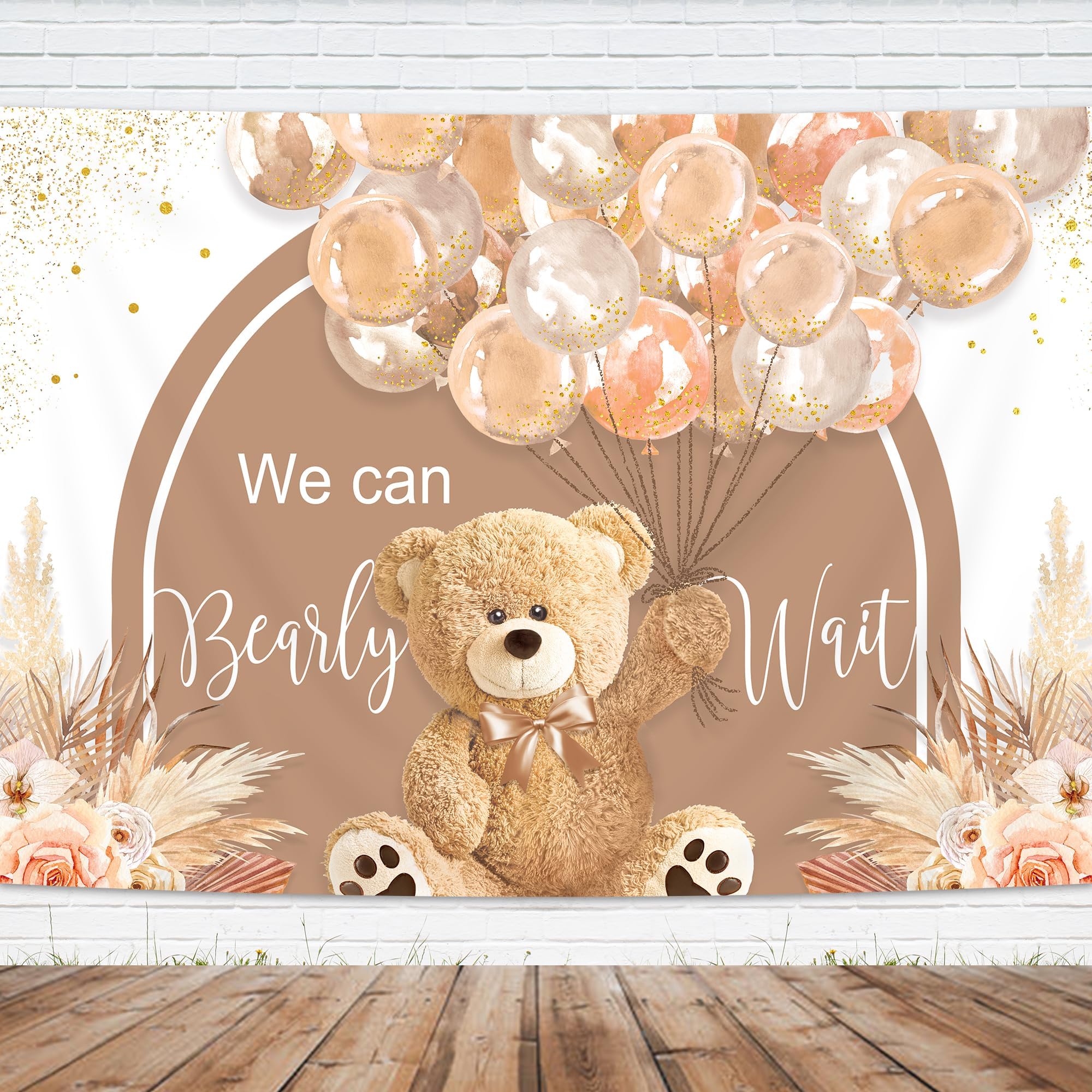 Bear Baby Shower Backdrop We Can Bearly Wait Green Balloon Cartoon Stars Moon Cloud Cute Heart Girl Boy Kids Lovely Decorations Photography Background B - View #10