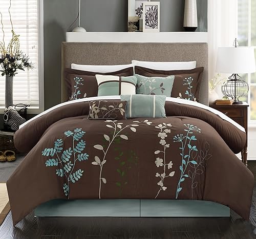 Chic Home Bliss Garden - Juego de edredón bordado de 8 piezas, tamaño Queen, color marrón