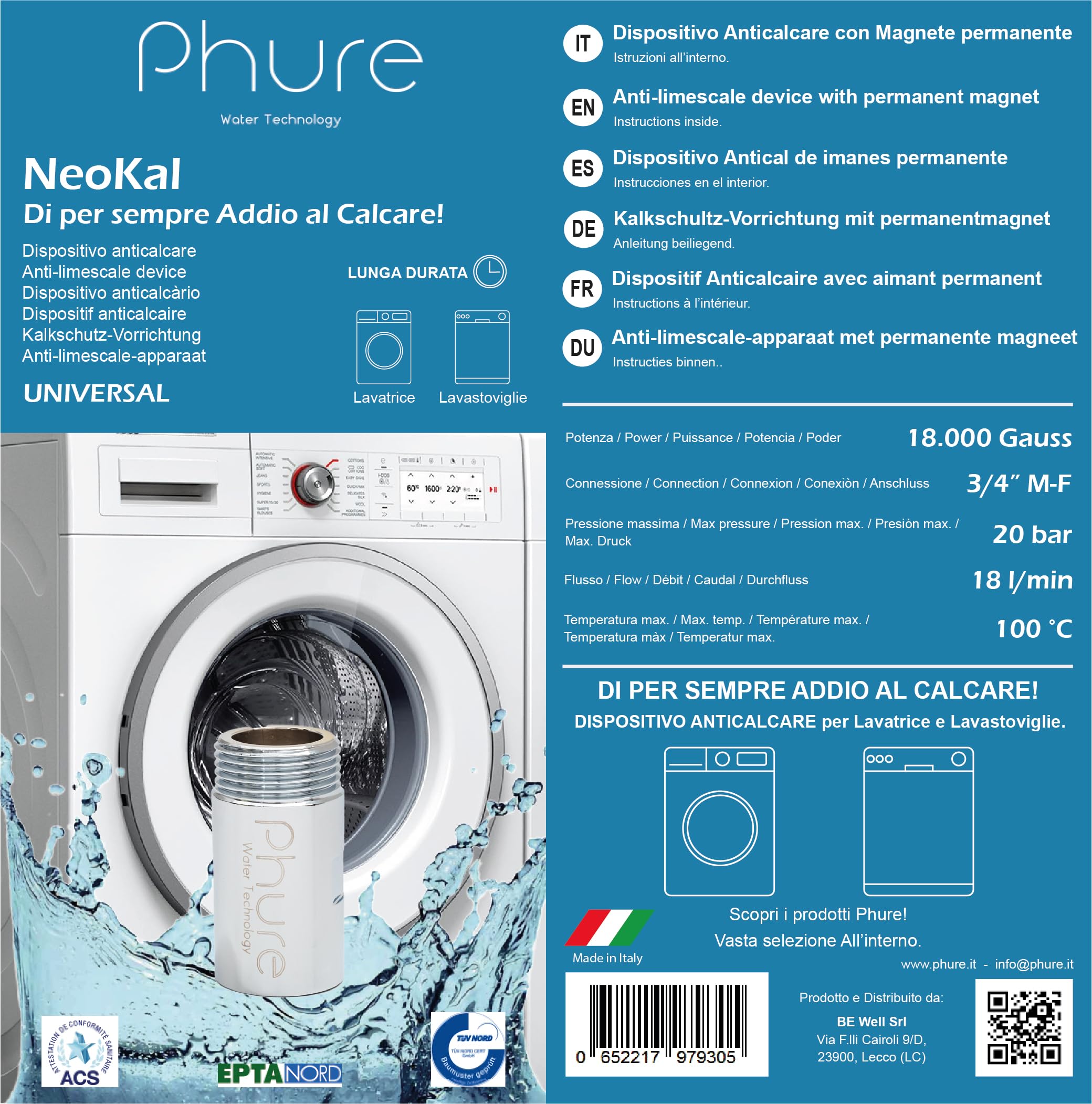 Dispositivo Anticalcare Magnetico Neokal 3/4" - Per Lavatrice E Lavastoviglie, Made In Italy