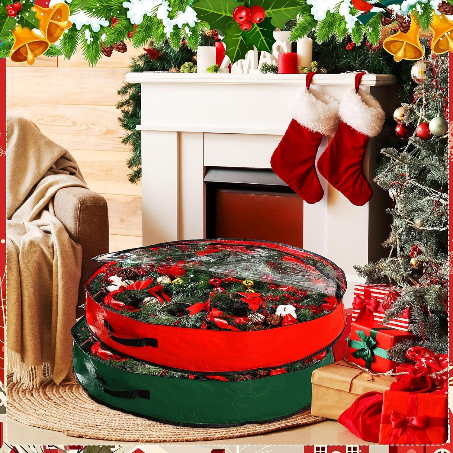 Aliceset 4 Pack Wreath Storage Containers, Ornament Garland Wreath Storage Bags with Handle Zipper Decorative Storages Box for Winter Valentine Wreaths(36 x 36 x 7.8 Inch,Red, Green)