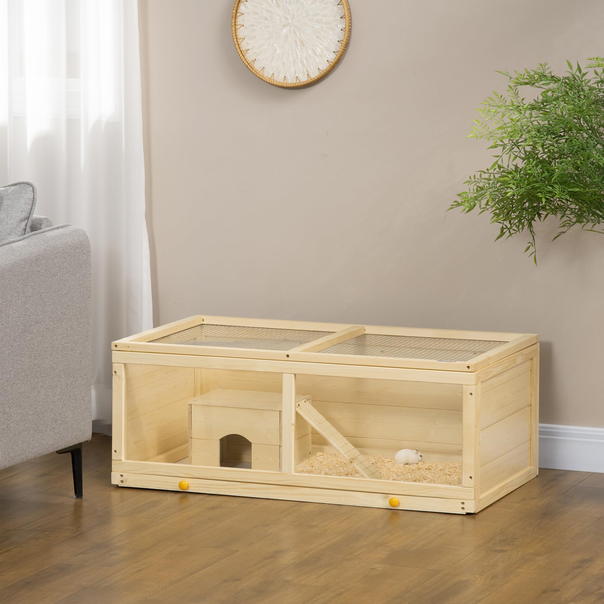 PawHut Jaula para Hámster con Panel de Acrílico 100x58x38 cm Casa para Hamsters de Madera con Tapa Abatible Bandeja Extraíble y Nido para Chinchillas Conejos Natural