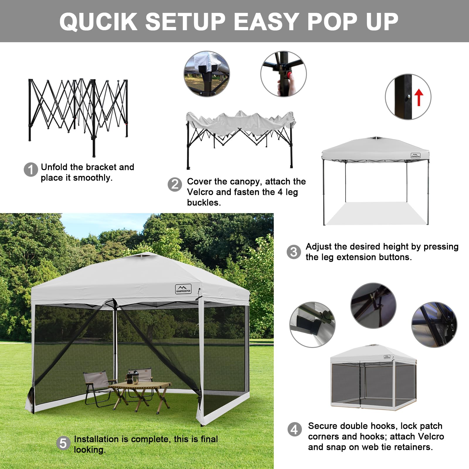 Toldo desplegable de 10 x 10 pies con mosquitera, tienda de campaña instantánea para exteriores, para eventos, patio, campamento, picnic, cenador con 4 sacos de arena, 1 bolsa con ruedas 2