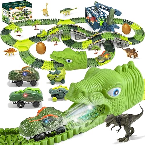 Juguetes de dinosaurio, 309 piezas de juguete de tren de carreras de dinosaurios con 4 autos de dinosaurio, 6 juguetes de dinosaurio, 270 pistas,
