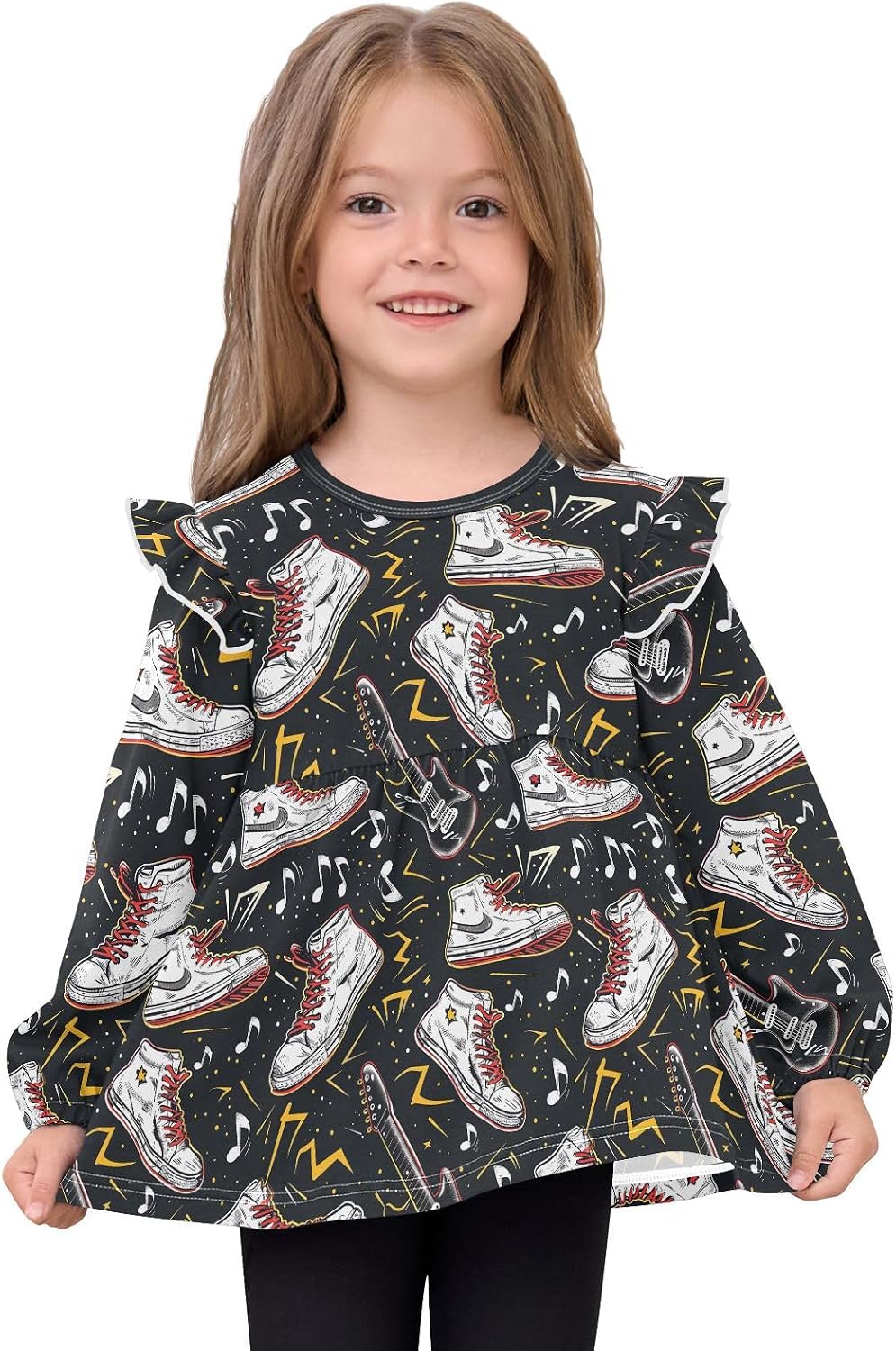 visesunny Toddler Clothes for Girls Rock Shoes Guitar Long Sleeve Fall Shirts Cotton Top with Ruffle Collar