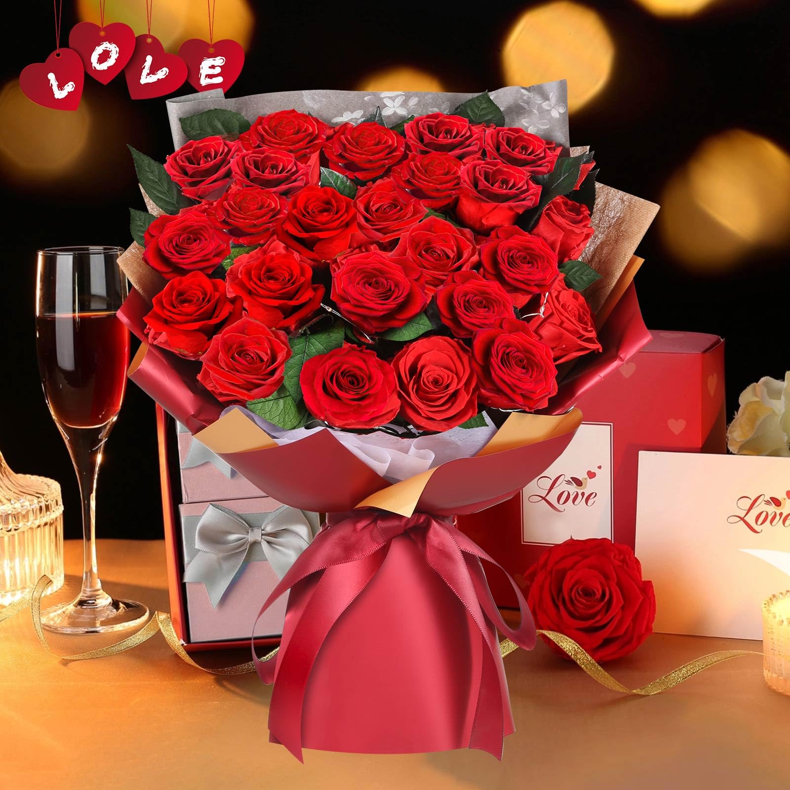 ADDWel Ewiger Rosenstrauß mit 24 echten konservierten roten Rosen, Infinity Rosen Blumenstrauß, Geschenke für Frauen, Geschenk für Freundin Mama Ehefrau zum Geburtstag, Jahrestag Weihnachten