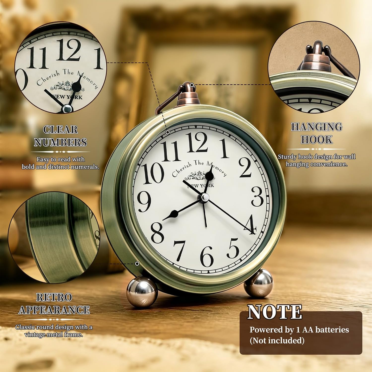 Metal Analog Alarm Clock - 5'' Battery Operated Silent Non-Ticking Quartz Antique Retro Small Desk Clocks for Bedside Bedrooms Living Room Office Home Decor (Bronze)