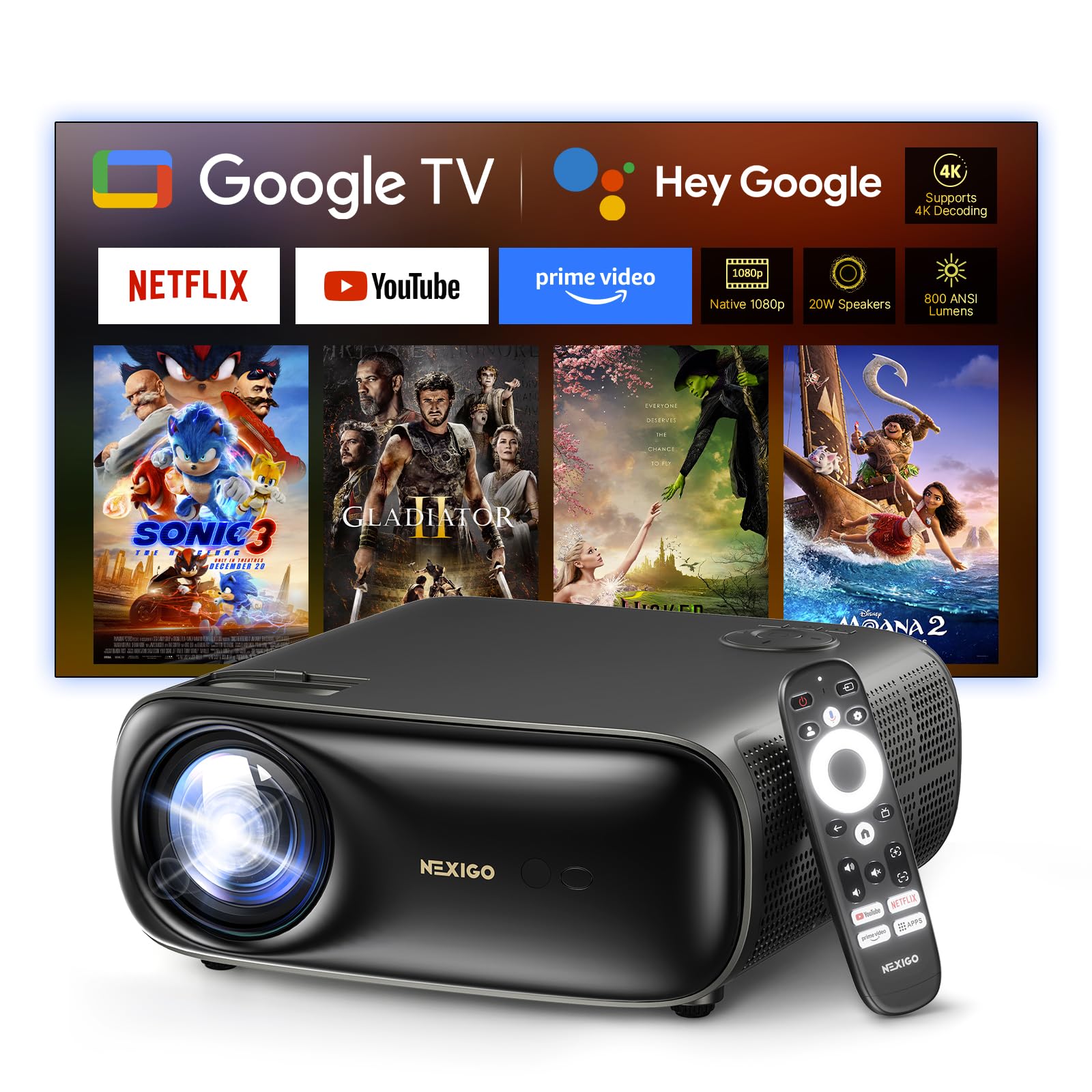 NexiGo PJ40 Pro Google TV Projector, Native 1080p, 4K Support, AI Image Enhancement, 800 ANSI Lumens, Smart Projector with Auto Keystone, 20 W Speakers, Backlit Remote, Wi-Fi & Bluetooth