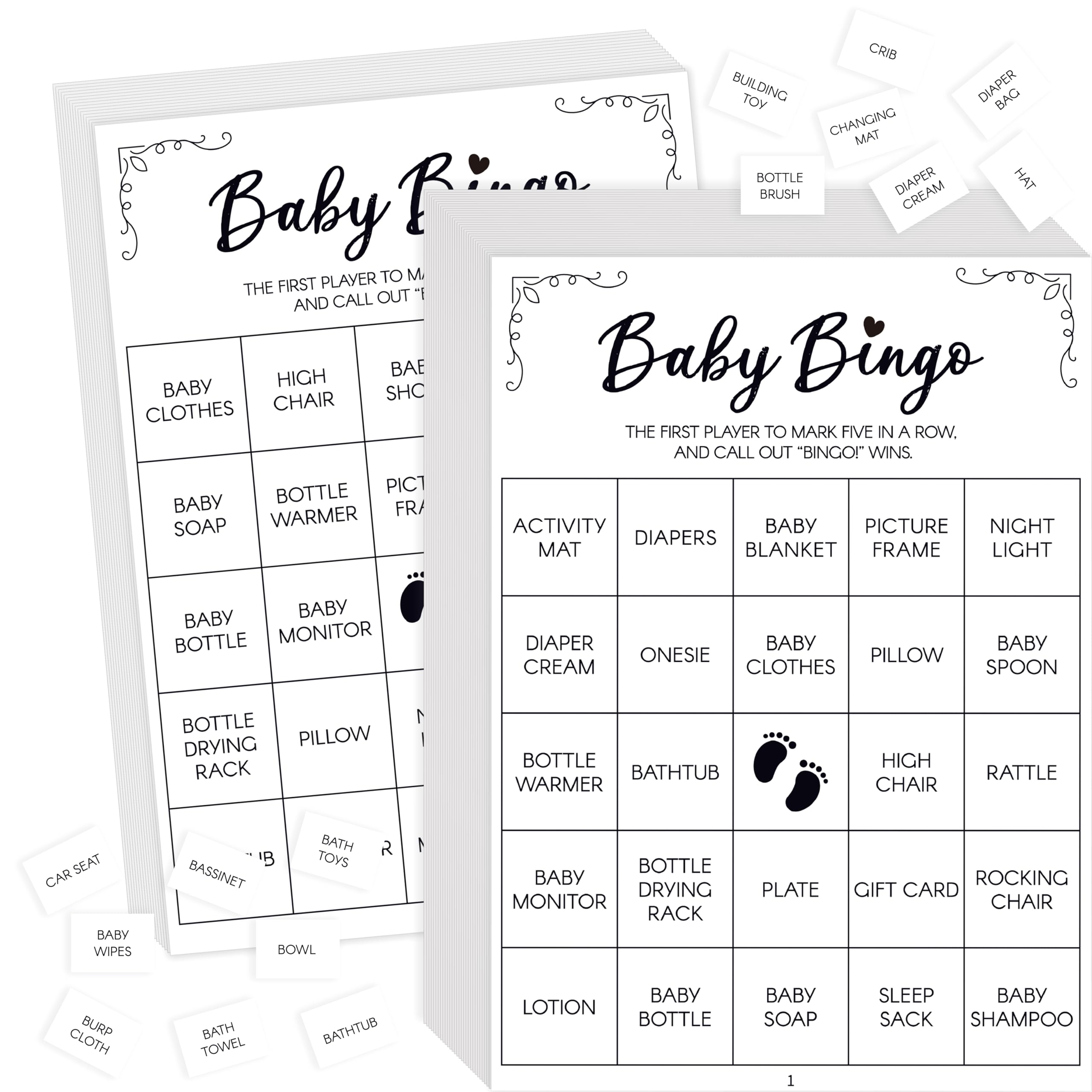Baby Shower Bingo Game, 50 Bingo Cards Perforated Calling Cards Bingo Games for Baby Shower, Bridal Wedding Shower (White)