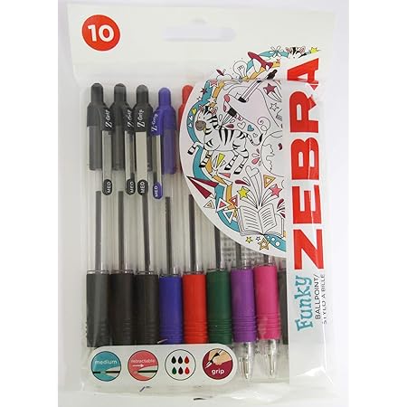Zebra Pen Z-Grip Retractable Ballpoint Pen, Medium Point, 1.0mm, Black, Blue, Red, Green, Pink and Violet Ink, 10-Pack