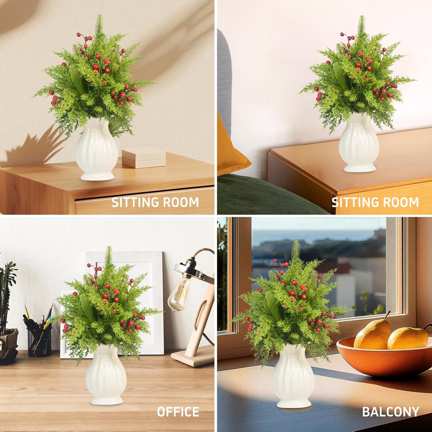 hongxindecheng 38 Pcs Pine Branches with Red Berries And Cypress Grass - 18 Inch Artificial Pine Branches - Real Touch Pine Branches for Vase DIY Flower Arrangement Home Indoor Christmas Decor