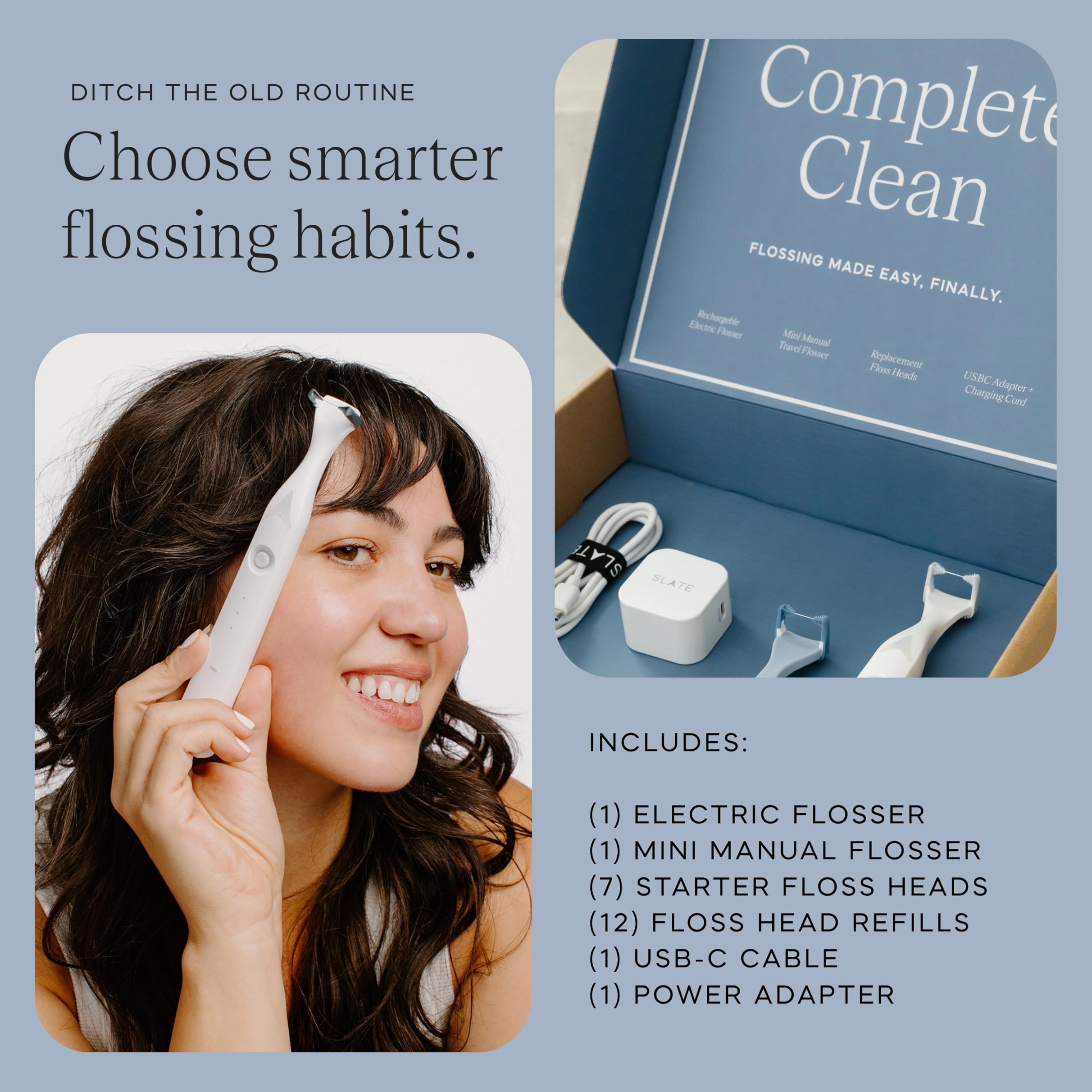 Slate Complete Clean Bundle - Filo interdentale elettrico ricaricabile, 2 mini filo interdentale + testine riutilizzabili | Sistema 3 in 1 inventato dal dentista | Atossico e privo di PFAS