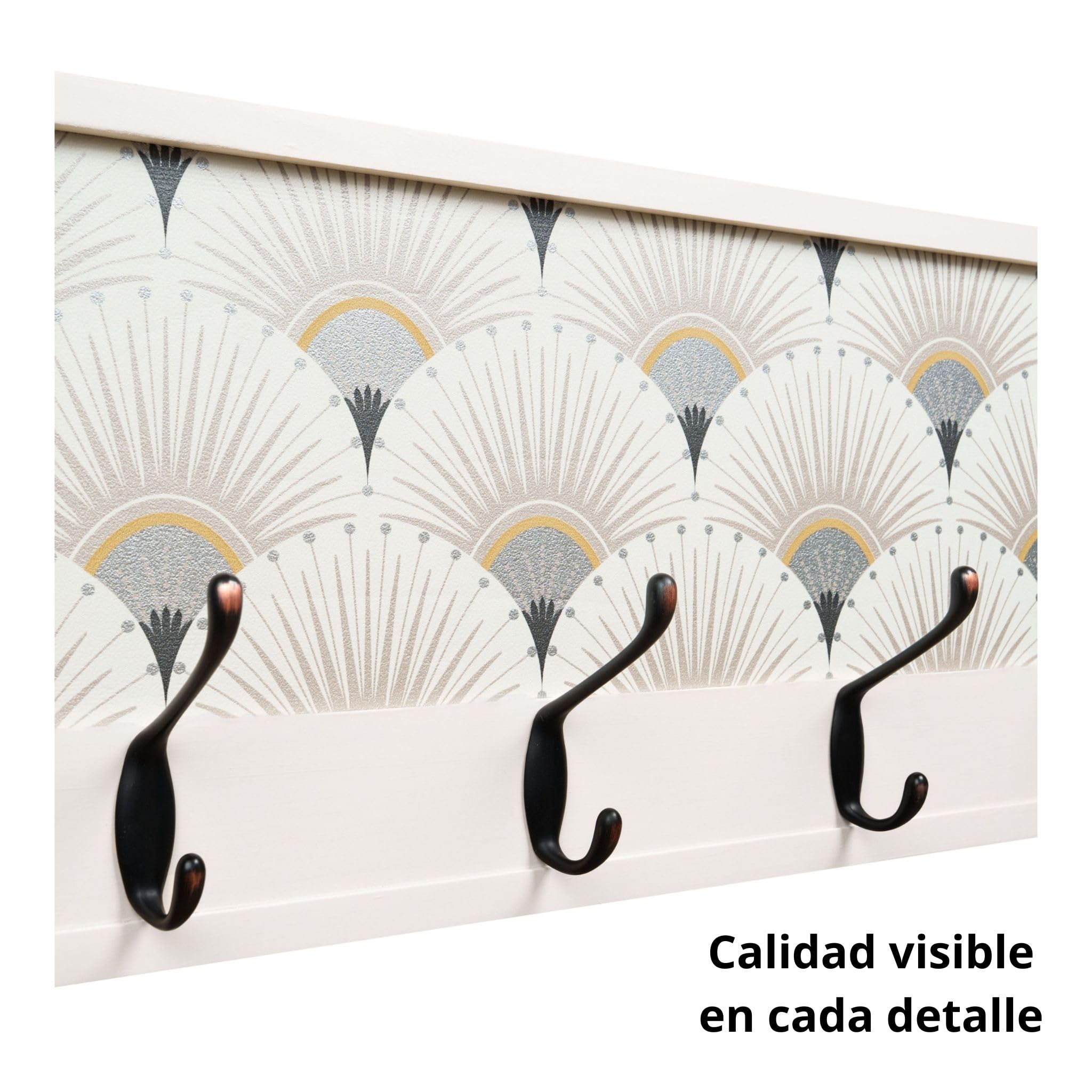Perchero Pared Madera 52x25cm Art Décó Blanco 4 Ganchos | Hecho en España. 4 ganchos dobles (8 colgadores) para ropa y abrigos. Ideal para entrada, salón u oficina.