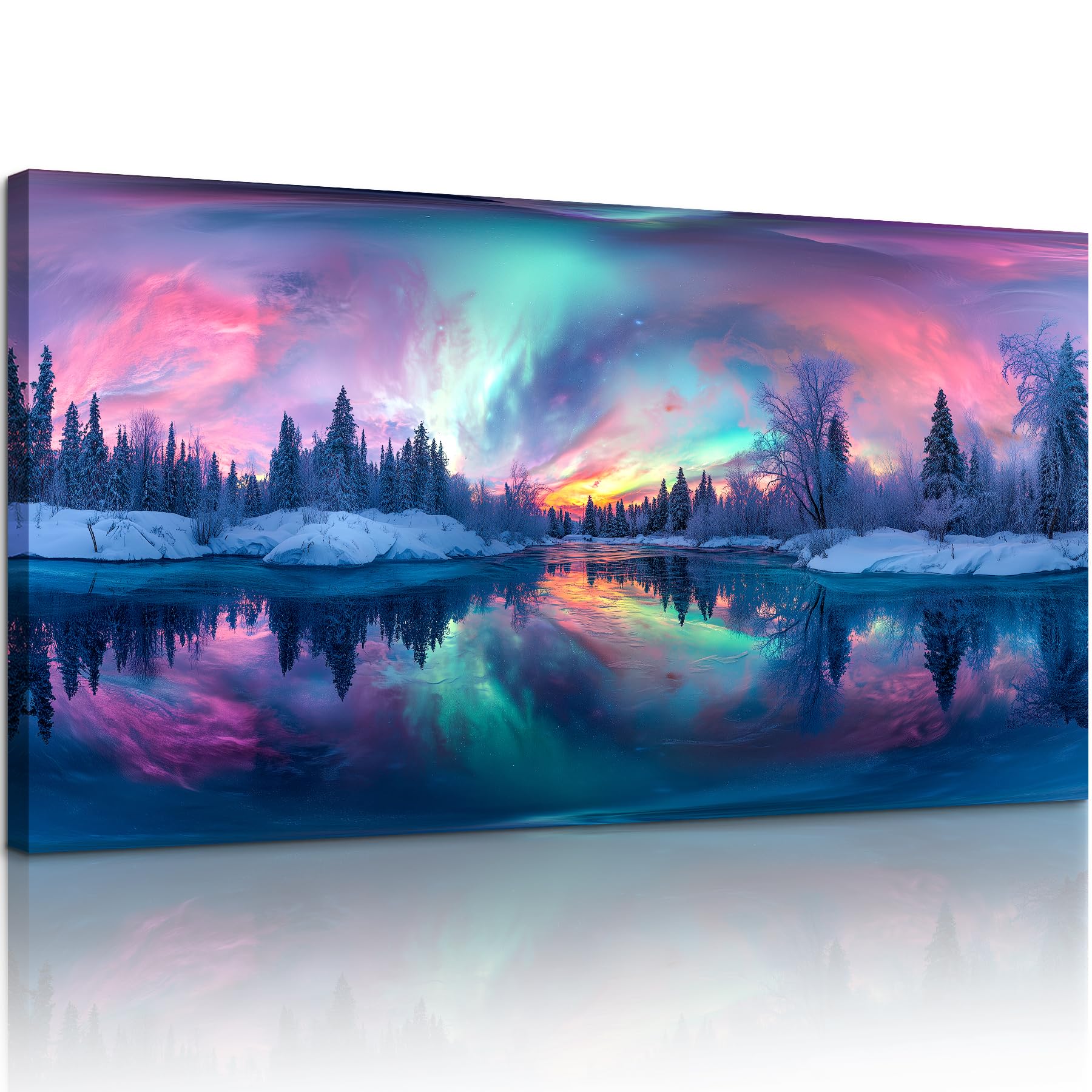 Serimino Fantasy Aurora Aurora Landscape Wall Art, Colorful Night Scene Large Wall Pictures, Winter Lake Forest Art Prints, Dreamy Scenery Canvas Paintings Wall Decor Living Room Bedroom Bathroom Office 20"X40"
