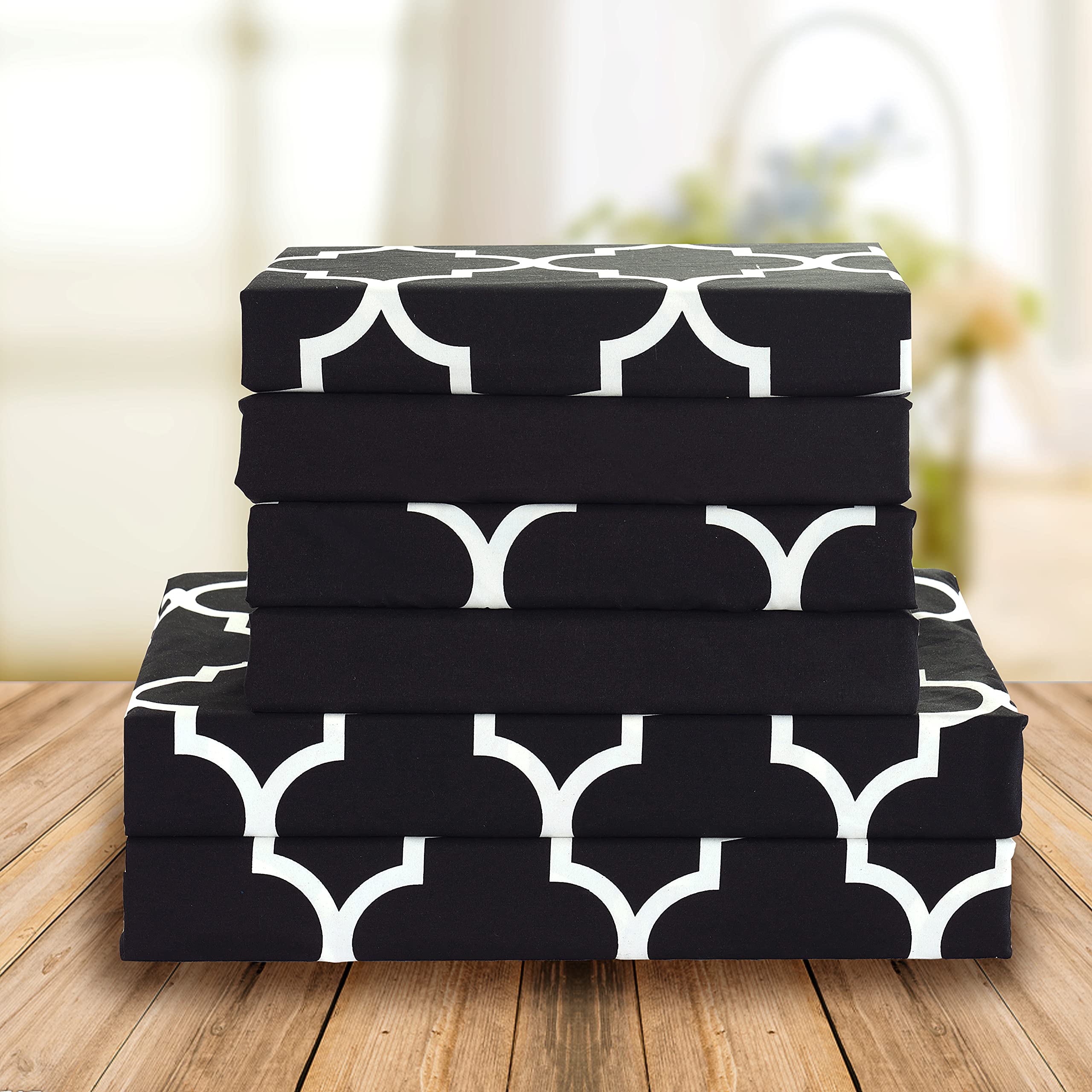 Elegant Comfort 6-Piece Quatrefoil Printed Deep Pocket Bed Sheet Set, Luxurious Silky 1500 Thread Count Bed Sheet Set Ultra Soft Wrinkle Resistant Bedding Set, King, Black