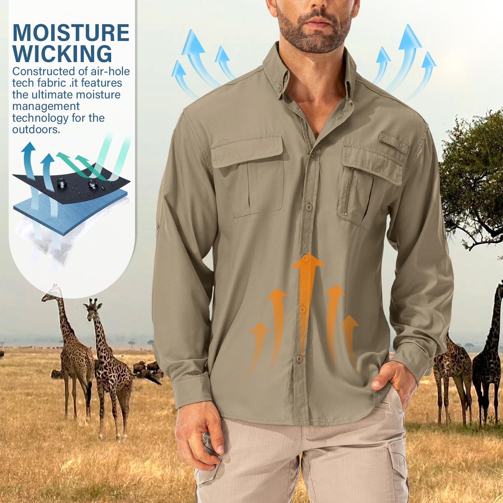Asfixiado Camicia da uomo Safari UPF50+, a maniche lunghe, traspirante, ad asciugatura rapida, funzionale, per il tempo libero