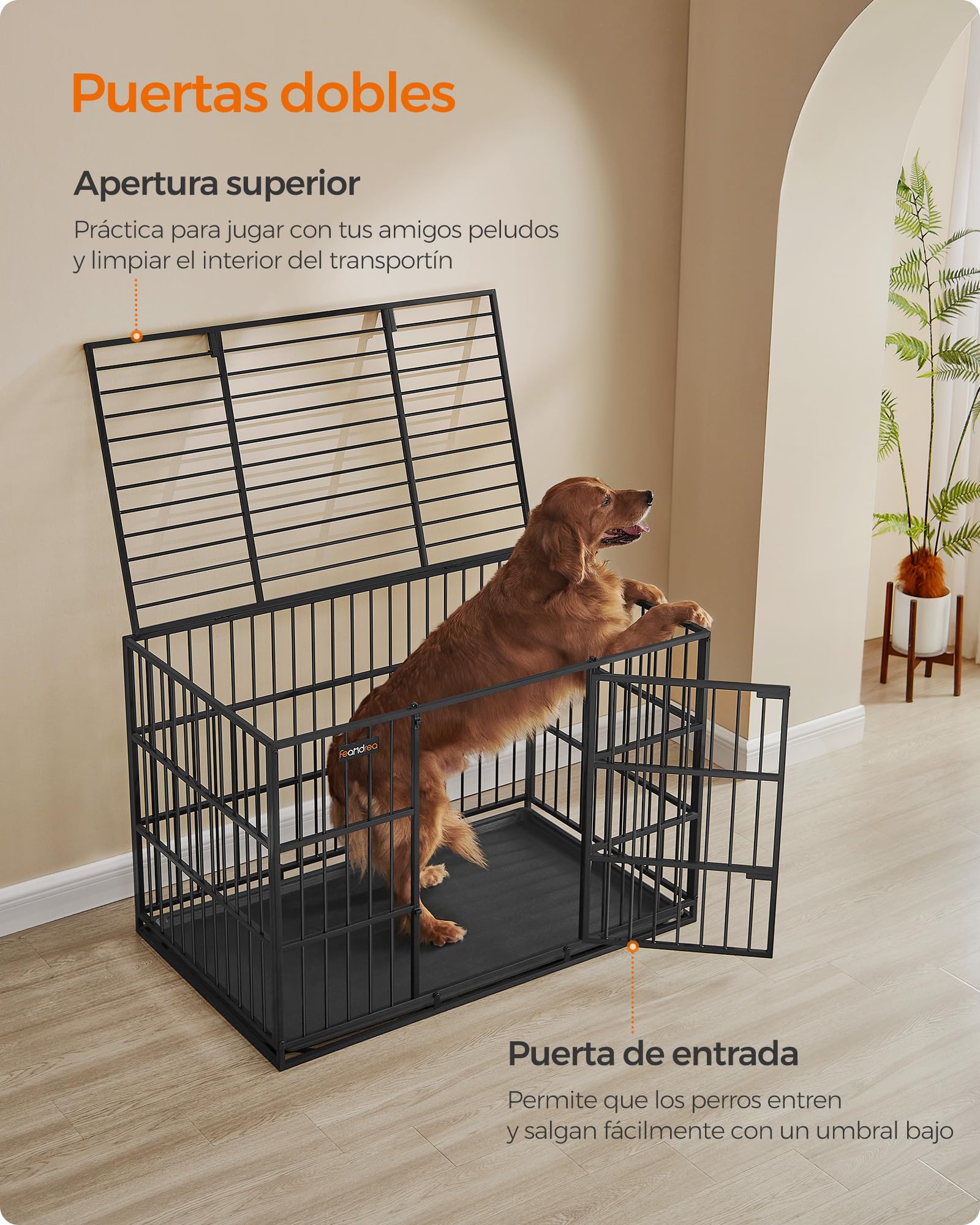 Feandrea Jaula Pesada para Perros, Jaula para Mascotas, 122 x 75 x 80 cm para Perros Medianos y Grandes, con Bandeja Extraíble, Doble Puerta, Fácil de Limpiar, Negro Tinta PPD006B01