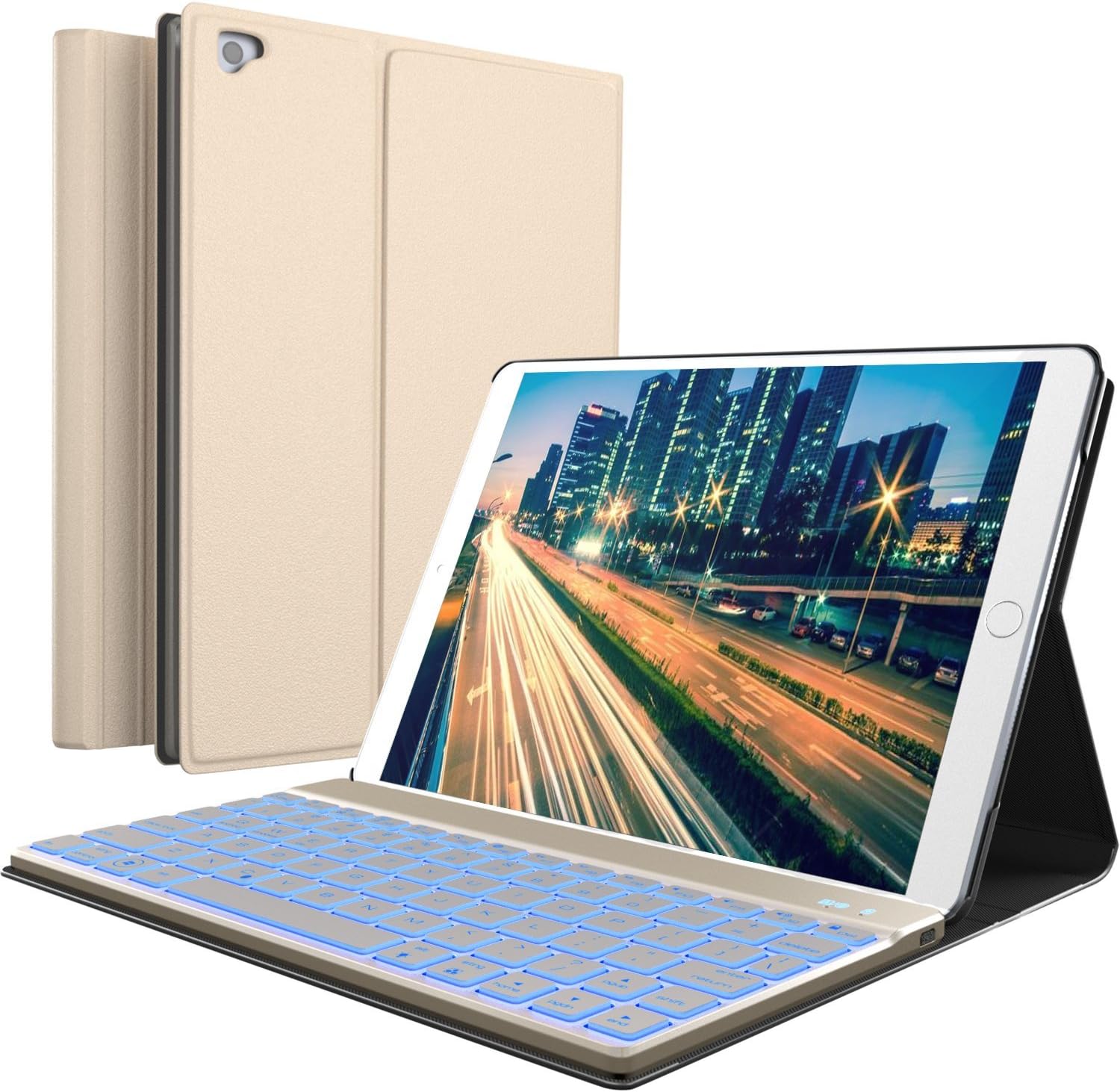 iPad Keyboard Case for New 2018 iPad, 2017 iPad, iPad Pro 9.7, iPad Air 1 and 2 – BT Backlit Detachable Quiet Keyboard – Slim Leather Folio Cover – 7 Color Backlight – Apple Tablet (9.7, Gold)