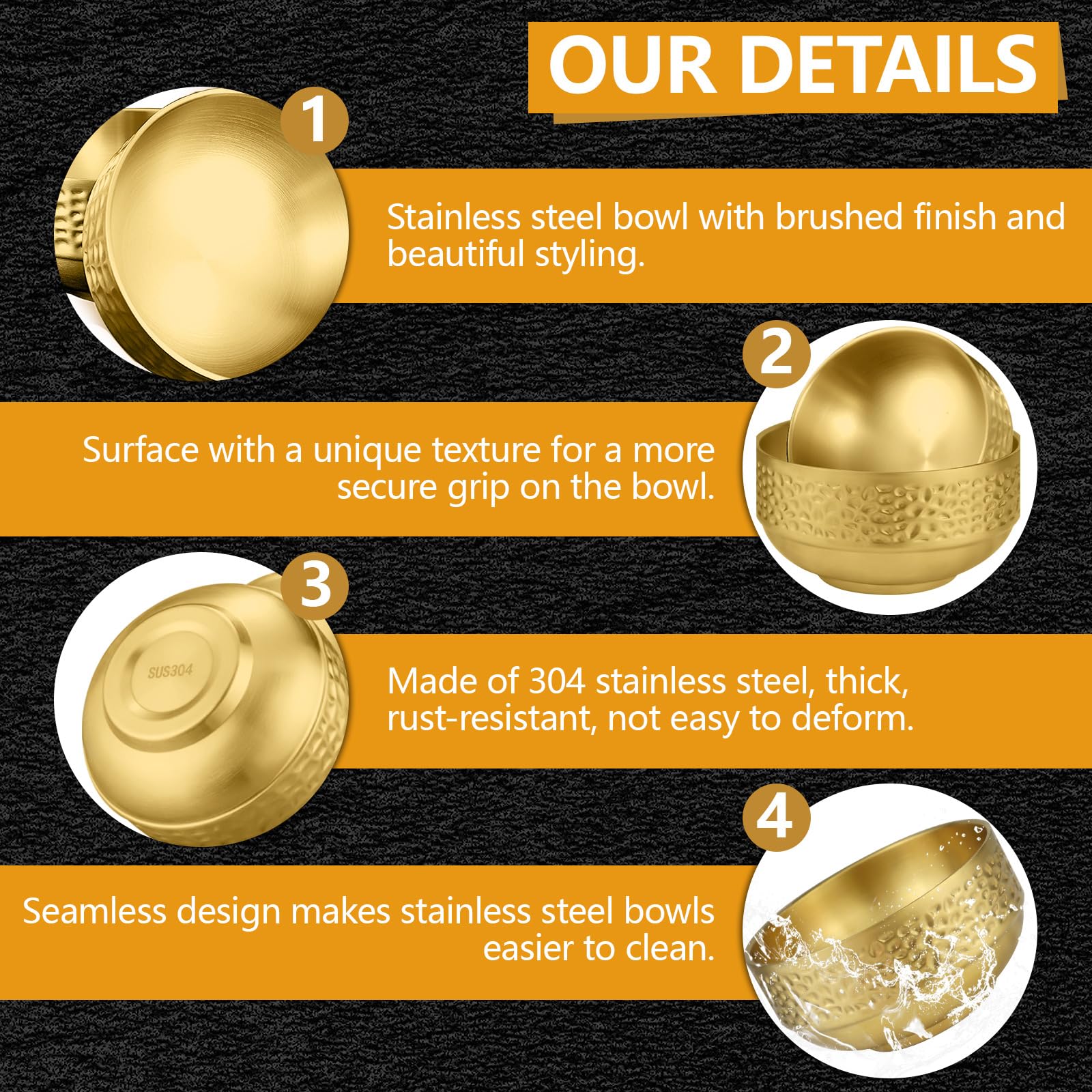 2PCS Large 304 Stainless Steel Salad Bowl, 5.9" 25 Oz Double-Walled Thicken Soup Bowls, Gold Cereal Serving Bowls, Metal Mixing Bowls for Serving Fruit Rice Dessert Yogurt Ice cream Kitchen — Amazon image 3