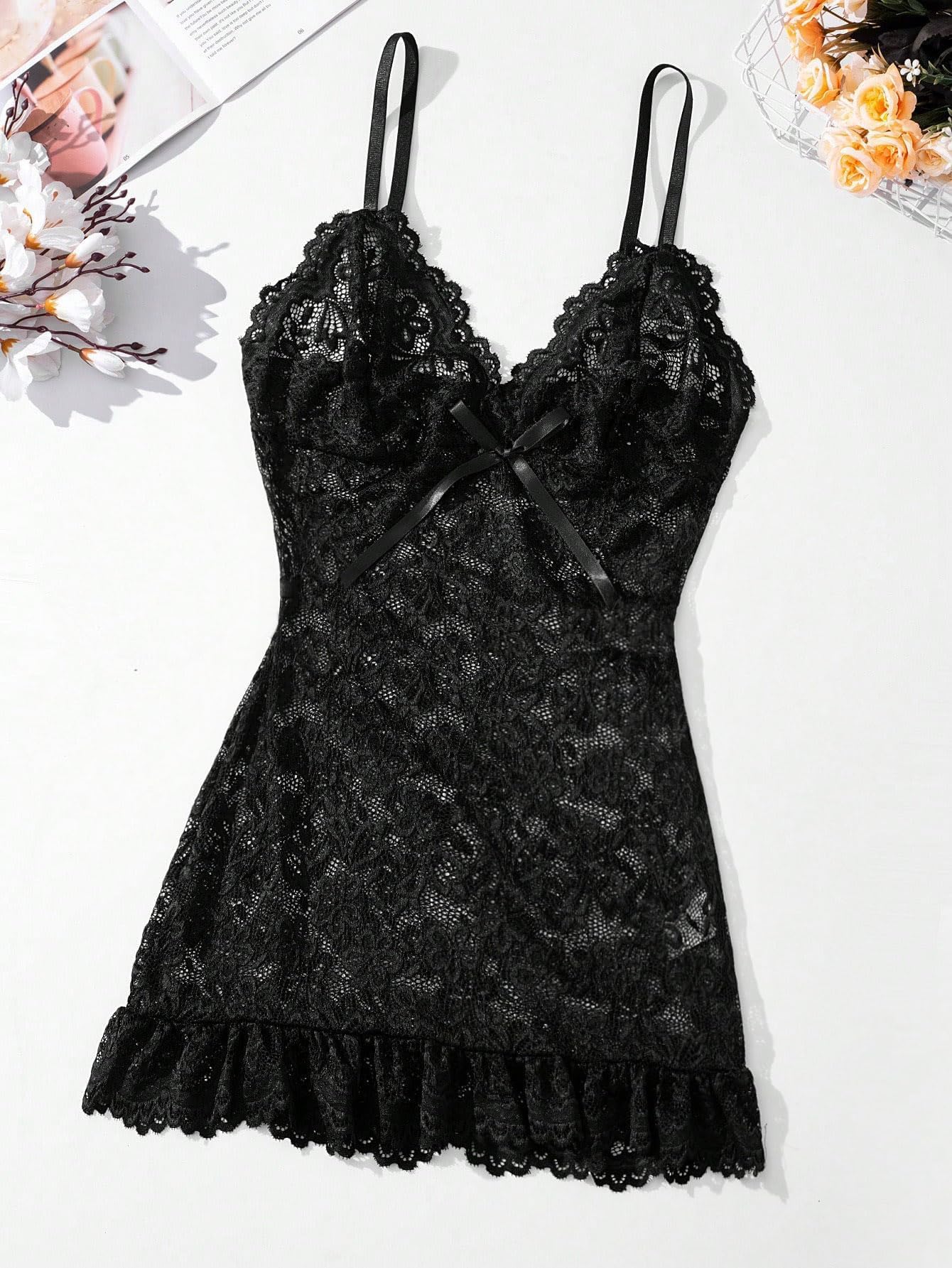 Sexy outfit Seksowna przezroczysta mini bodycon Babydoll koronkowa komplet bielizny sukienka do spania ze stringami 2-częściowe stroje