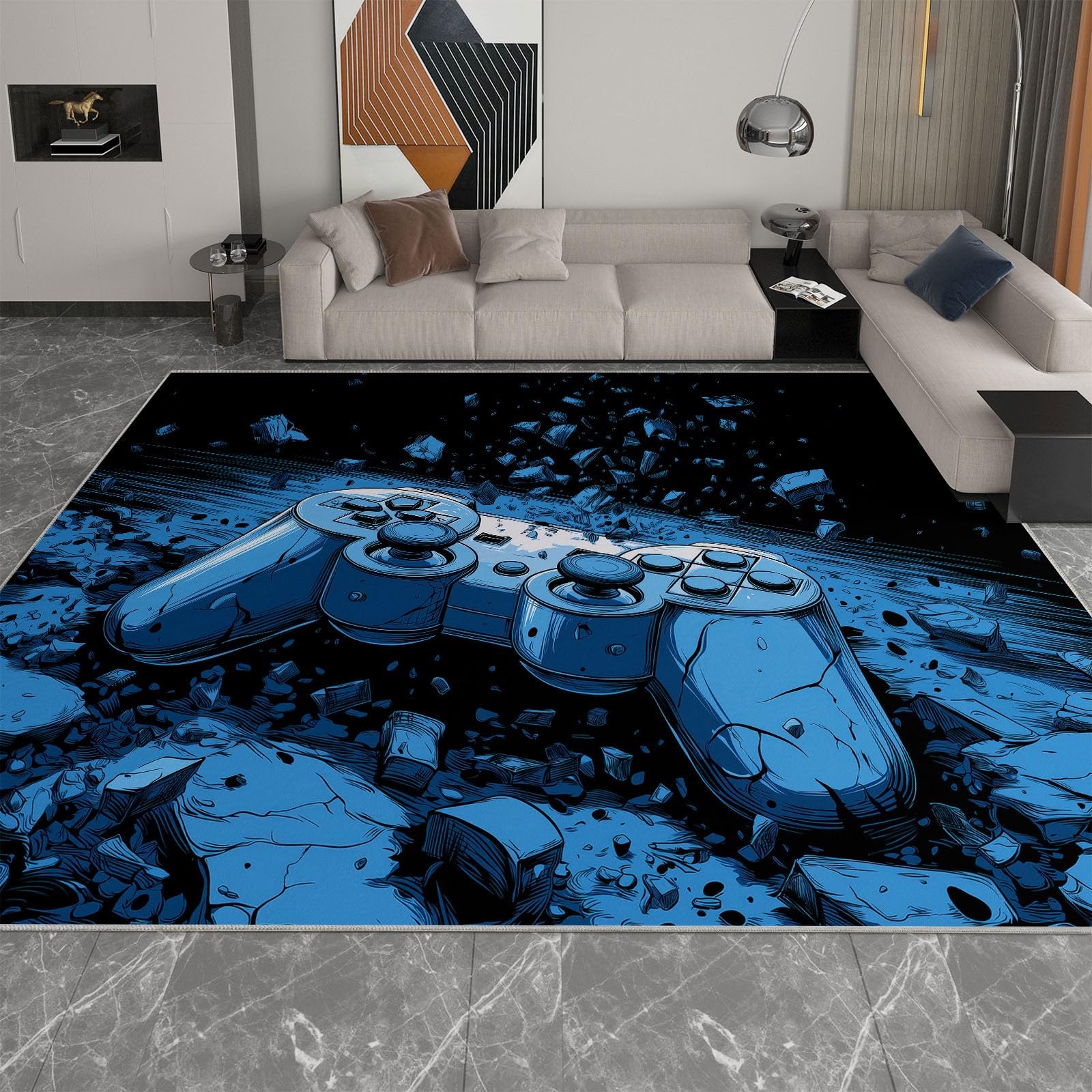 Geometrie-Spiel Crack Teppich 80 x 150 cm, Rutschfester Blauschwarz Teppiche, Waschbarer Badteppich Wohnzimmerteppich für Küche, Flur, Esszimmer, Schlafzimmer, Büro