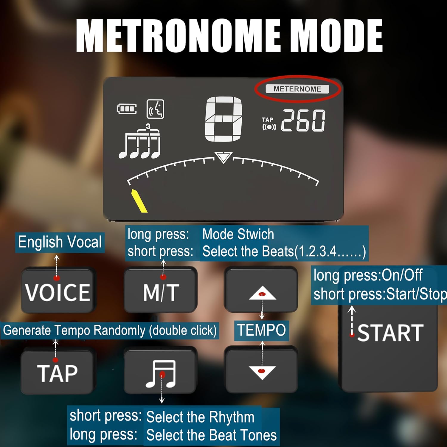 Rechargeable Metronome Tuner for Guitar Bass Violin Cello Saxophone Clarinet Flute etc, Multiple Beat/Rhythm Modes Three Beat Tones & Human Voice Count,Chromatic Tuner for All Instruments,AUPHY-Aroma