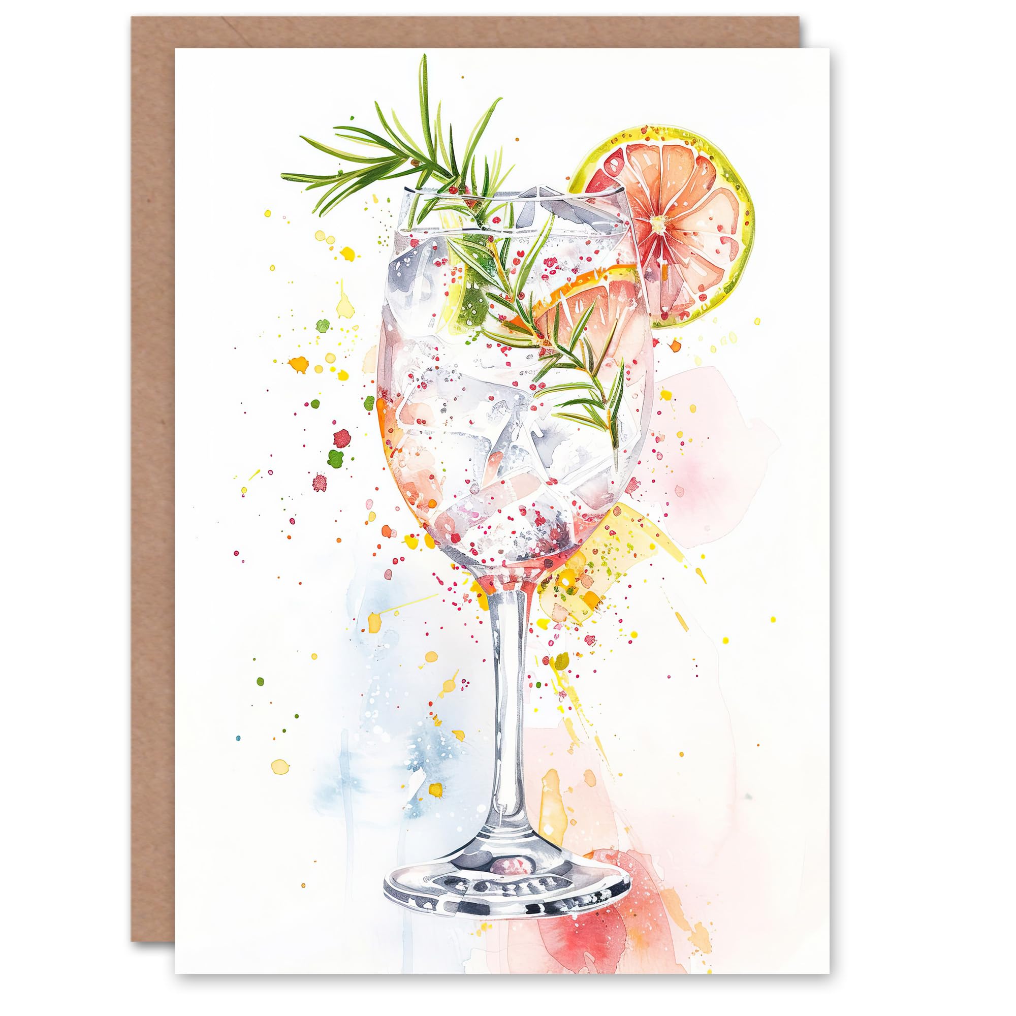 Artery8 Greeting Card Gin Tonic Cocktail Rosemary Watercolour Modern Blank For All Him Or Her Art Birthday Card