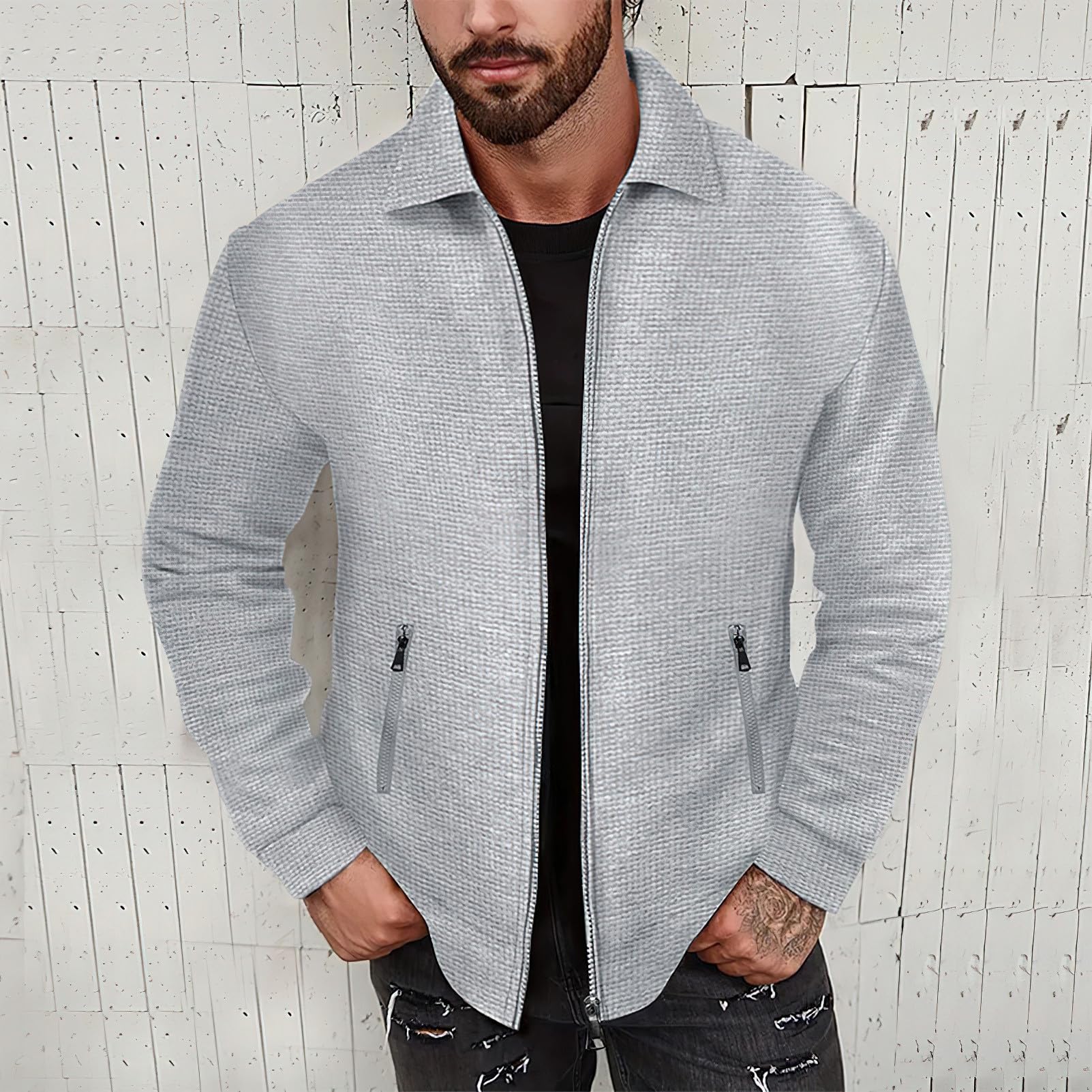 Ensemble de 2 Pièces Veste & Pantalon Waffle Manches Longues Zipper pour Homme Survêtements Sport Travail