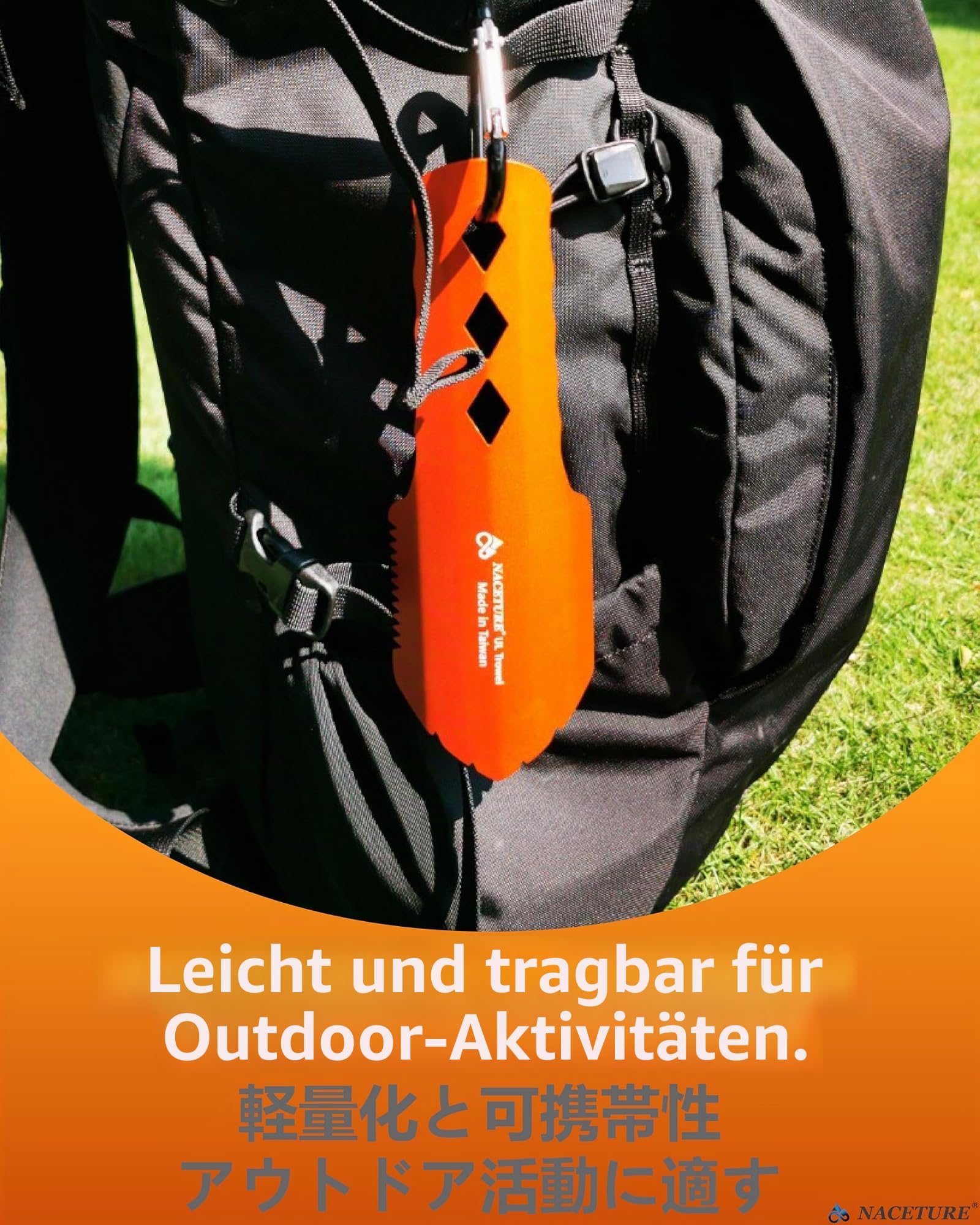 NACETURE Ultraleichte Rucksackkelle aus Aluminium, kleines Töpfchen-Multifunktionswerkzeug mit längerem Griff, unverzichtbar für Wandern, Camping und Überlebensbeutel (orange, 1 Stück)