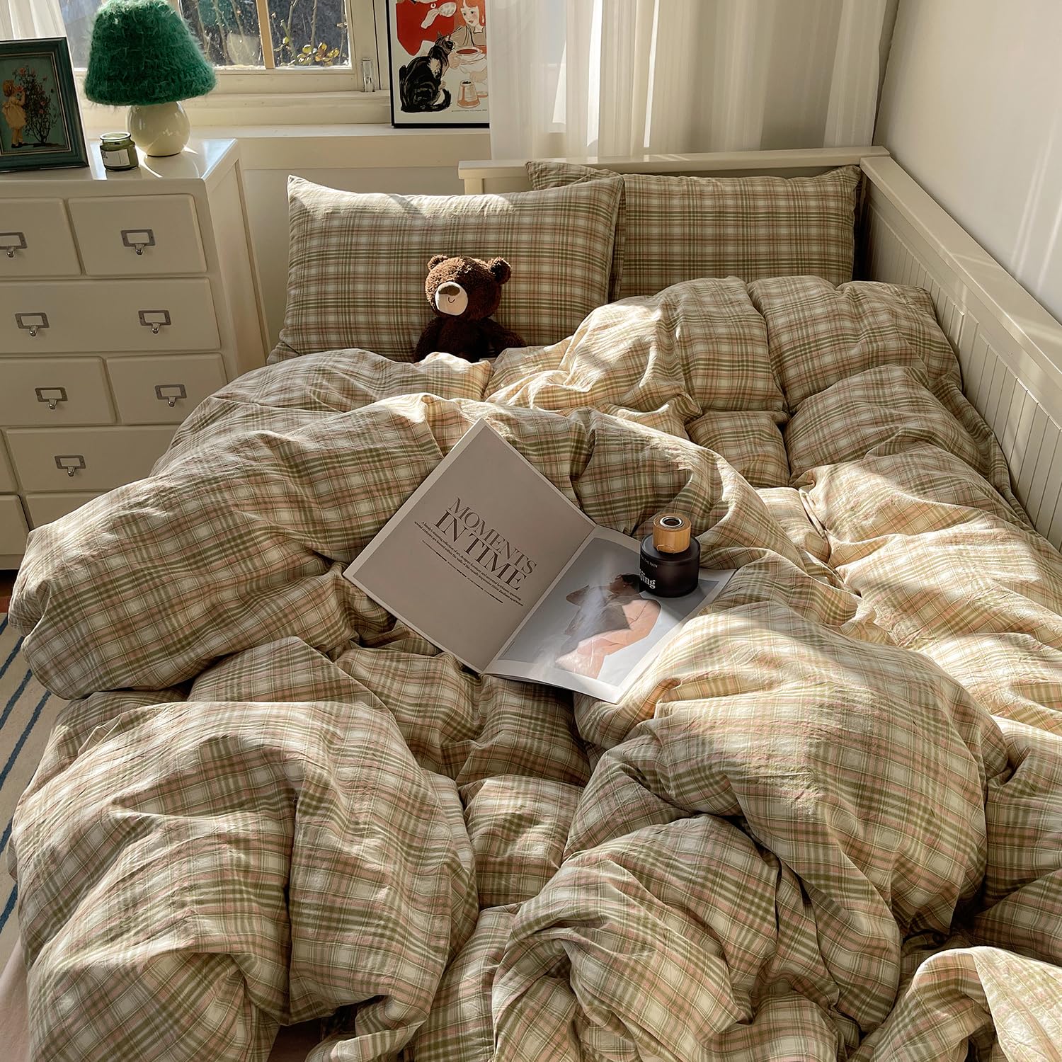 mixinni Full Comforter Set, Green Buffalo Plaid Bedding Set 3-Piece, Vintage Geometric Pattern, Lightweight & Fluffy Comforter, Soft Breathable Grid Bed Set for All-Season,(Green, Pink, White)