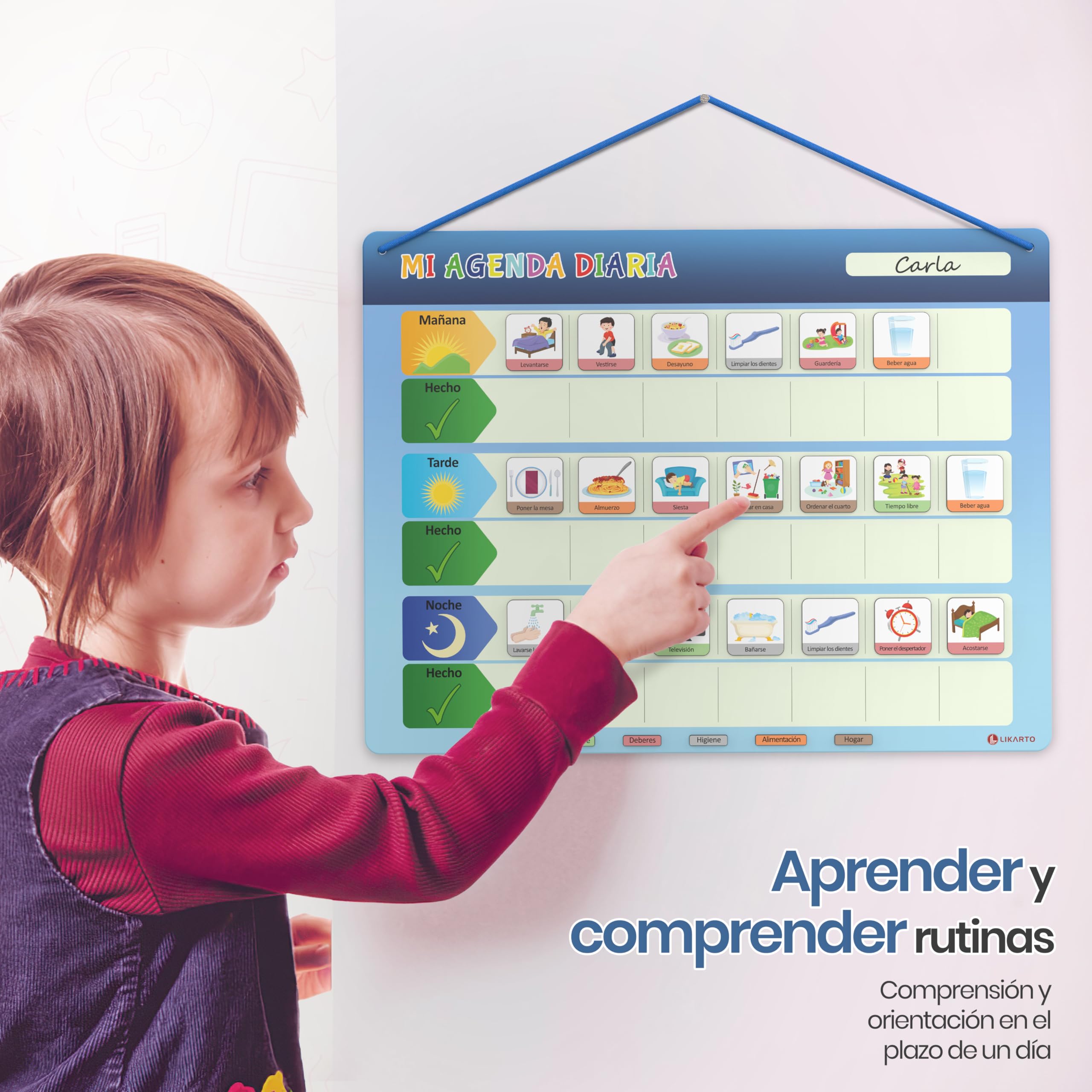 LIKARTO Agenda diaria para niños - Pizarra magnética planificador de Montessori con 152 imanes y cordón - Se puede escribir y borrar completamente - Aprende las rutinas diarias
