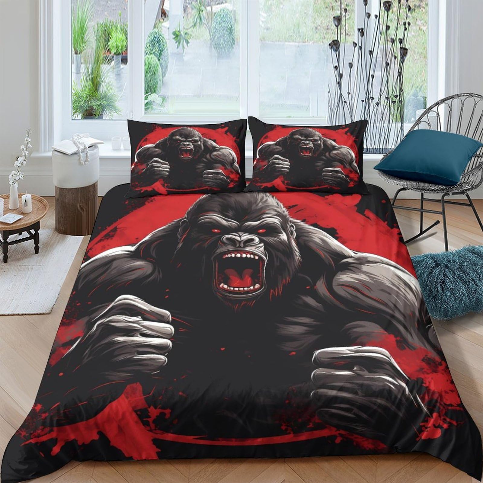 Ctjqhvkz Style-6 3D Printed Fierce Gorilla Fitted Sheet Microfiber Black Red Animal Art Mattress Cover For Bedroom Dorm Decor Single（135X200cm）