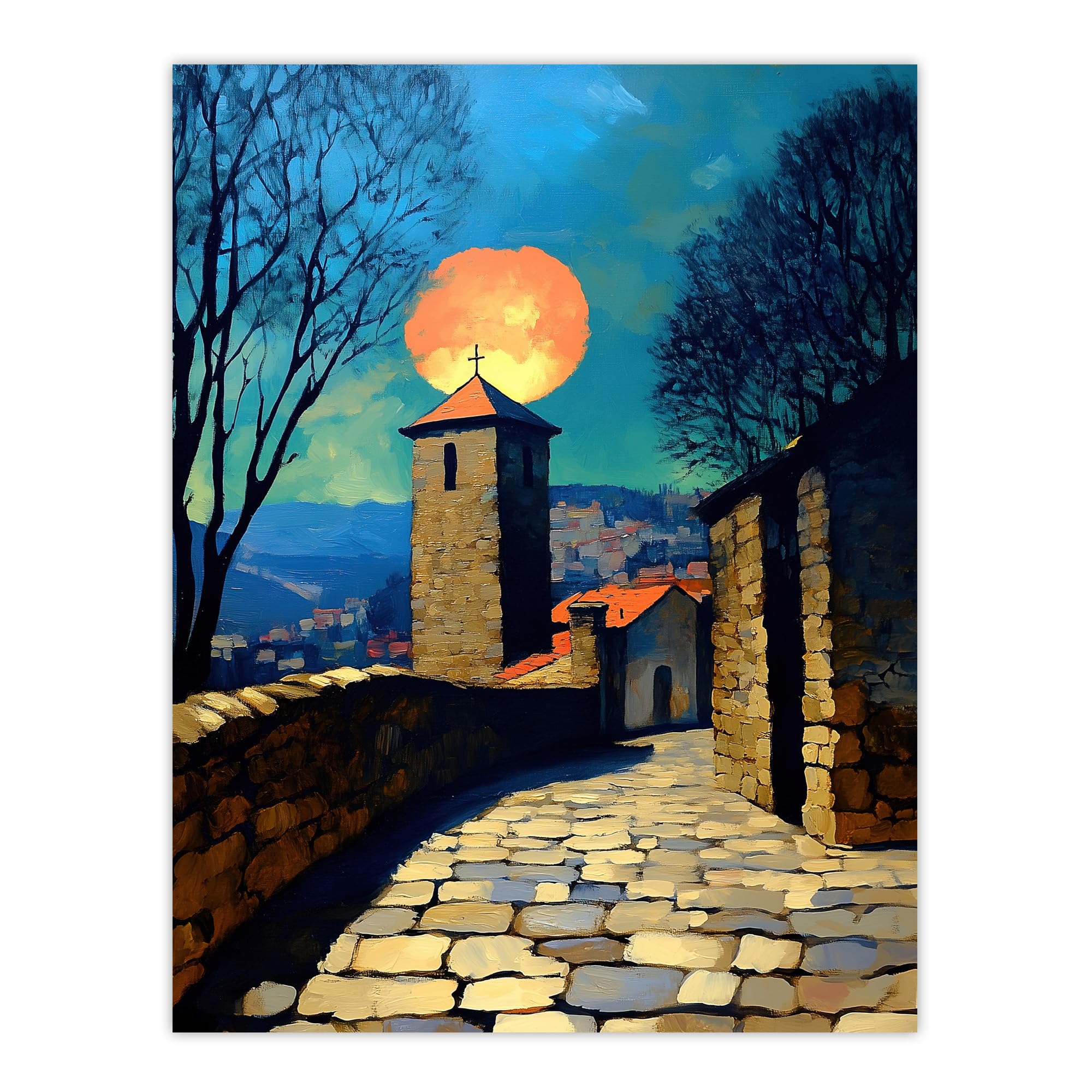 Artery8 Sunset Sun Over Medieval Sicily Village Travel Living Room Extra Large XL Wall Art Poster Print