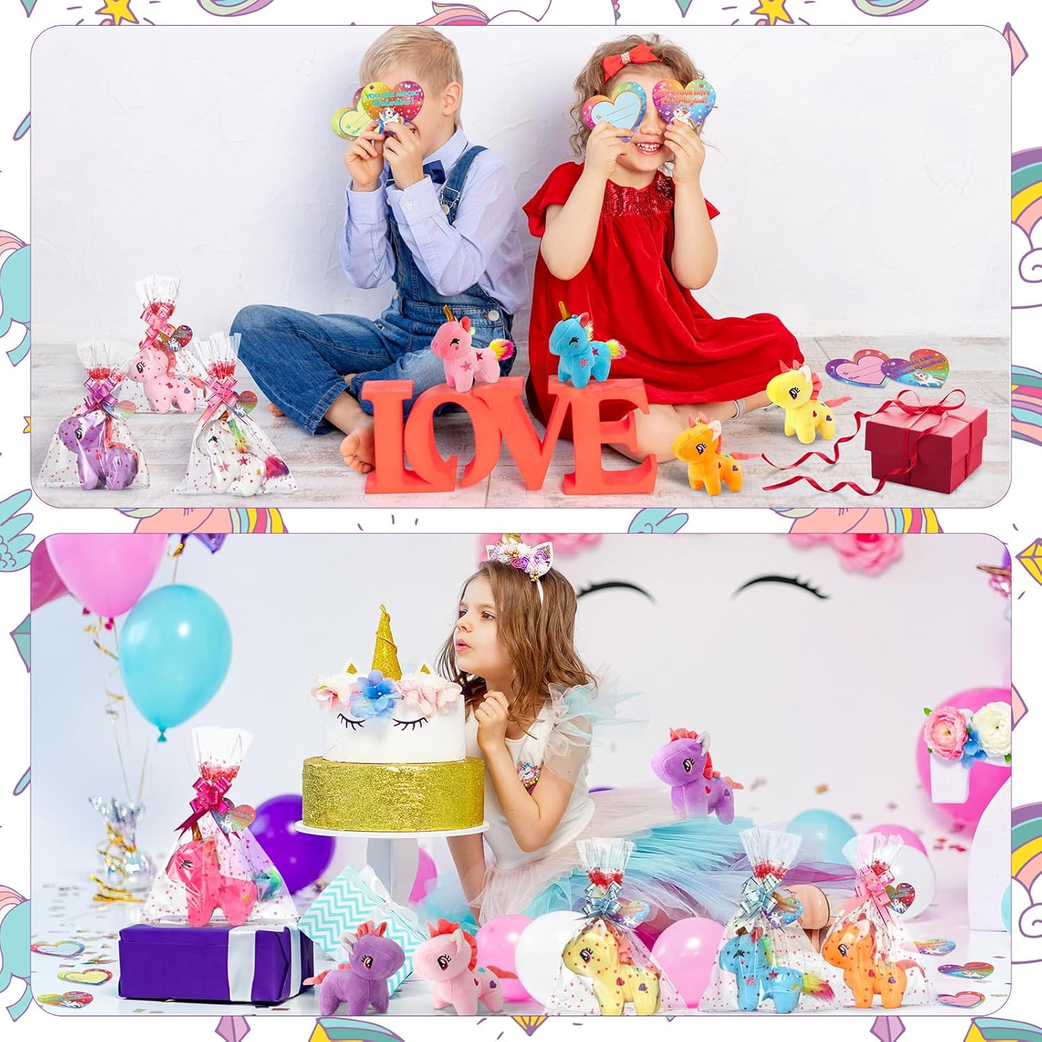 24 Sets Valentines Day Gift Cards for Boy and Girl 5" Mini Stuffed Animal Plush Keychain Heart Card Small Unicorn Plush for Valentine's Day Supplies Classroom Exchange Game Prize