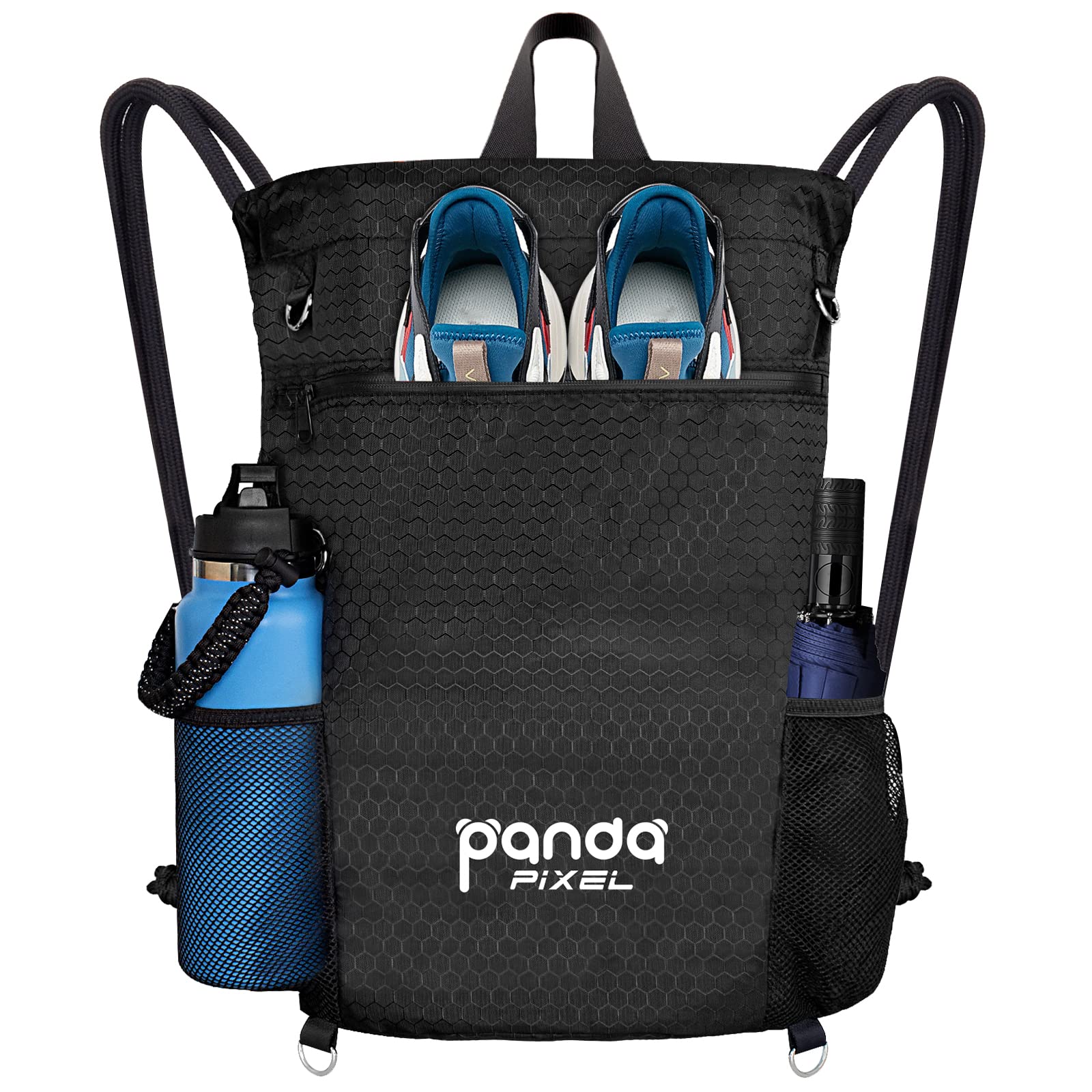 Pixel Panda Water Resistant Drawstring Backpack String Bag Sports Gym Sackpack with Side Pockets for Men Women