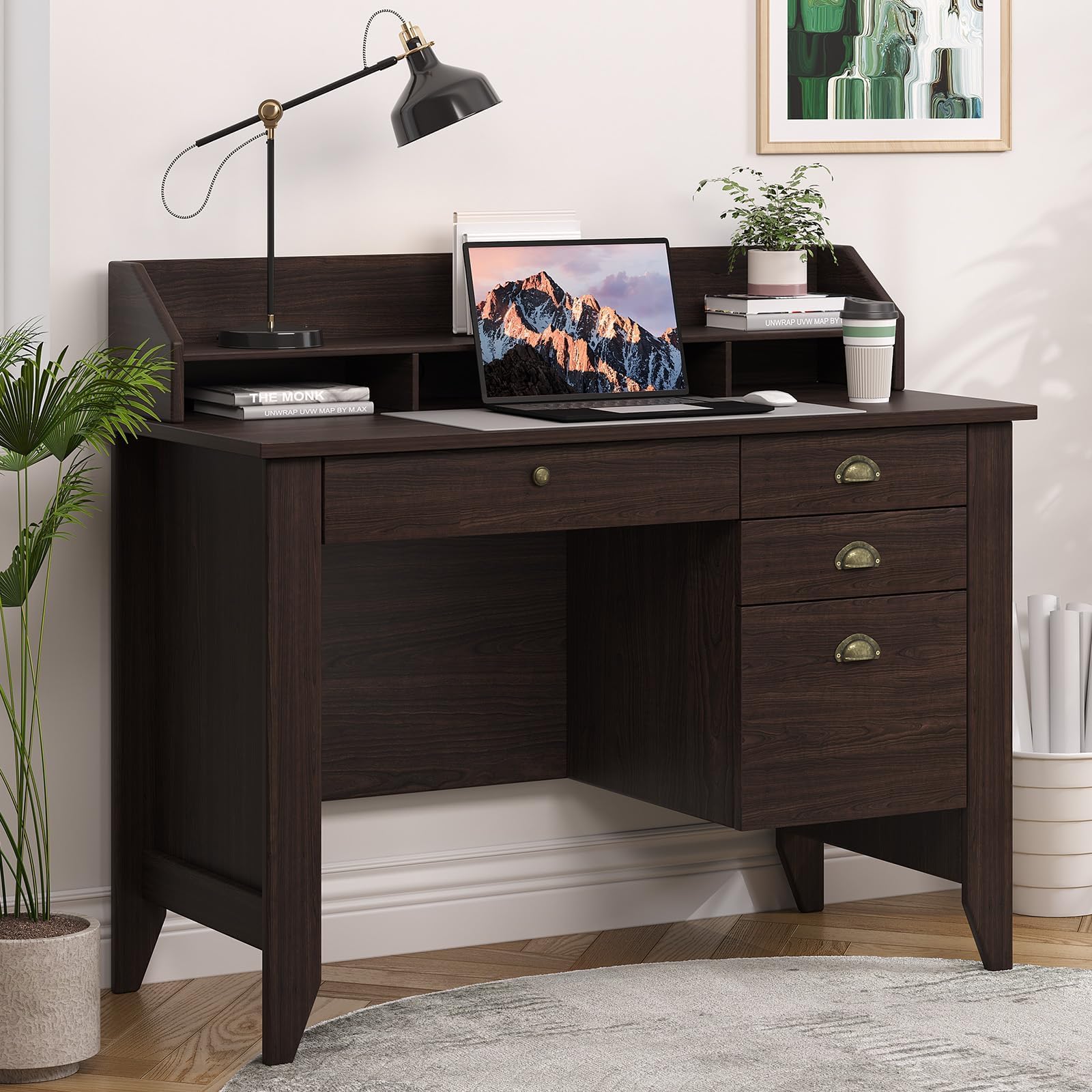 4 EVER WINNER Small Desk with Drawers, Office Desk with File Drawer and Monitor Stand, Writing Desk Study Table for Small Spaces, Espresso