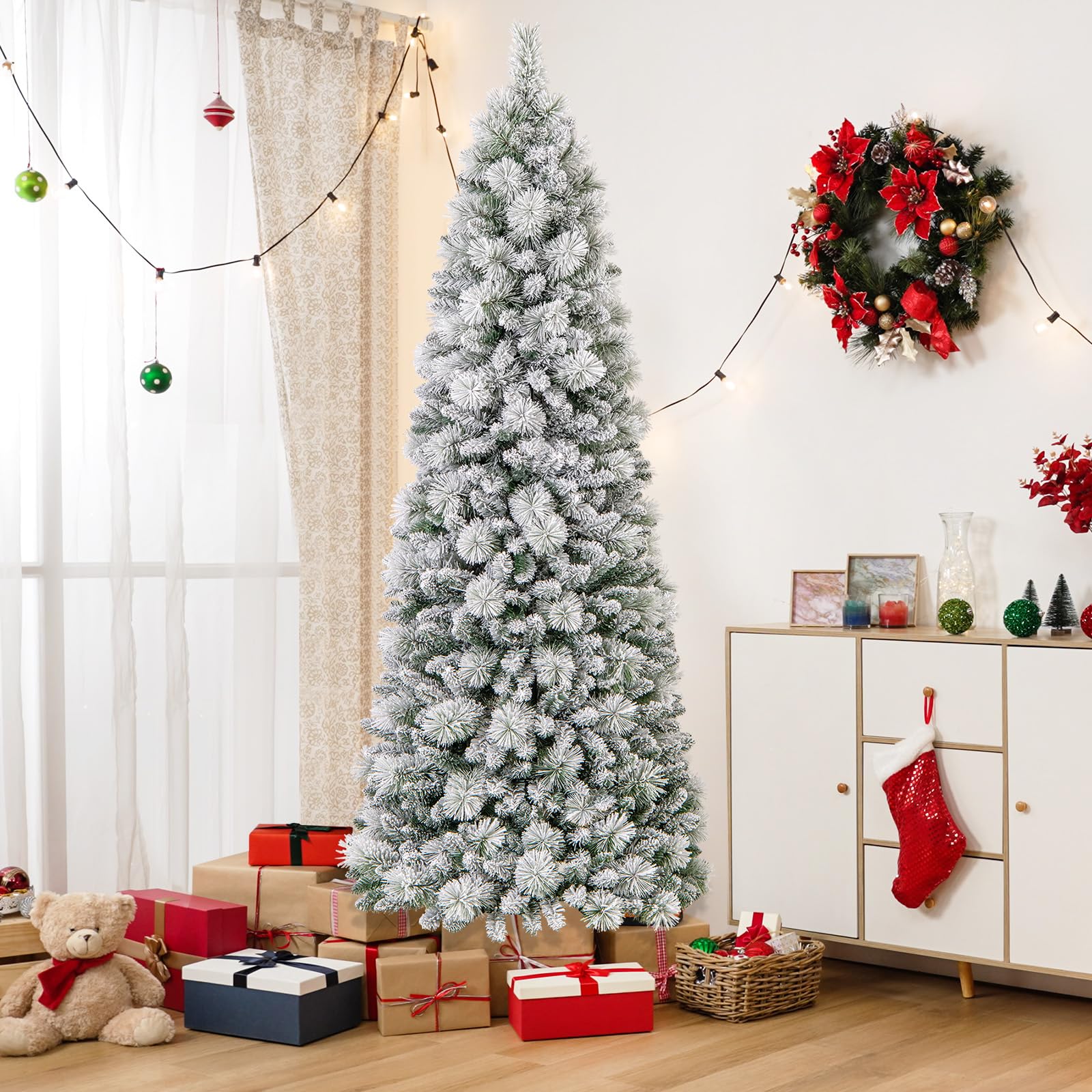 Amazon.de: COSTWAY 210 cm Knstlicher Weihnachtsbaum mit Beleuchtung, Pop  Up Tannenbaum mit 200 warmweie LED-Lichtern & 680 Zweigspitzen, beflockter  Christbaum, Festbaum Kunstbaum fr Zuhause, Geschft & Bro