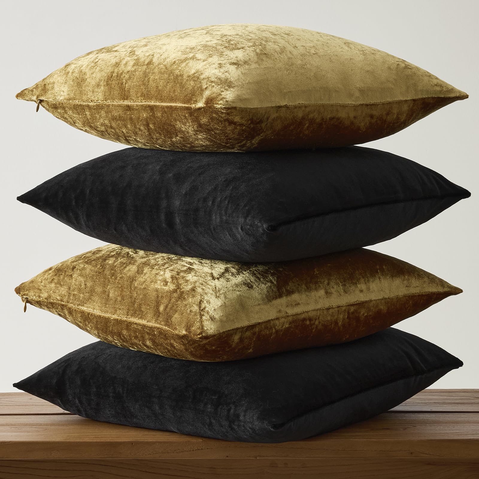 GIGIZAZA Decorative Throw Pillow Covers 18 x 18,Gold Black Soft, Set of 4 Square Velvet Cushion Covers