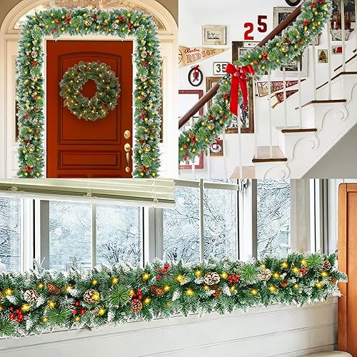 Miniatura 5 de Guirnalda de Navidad preiluminada de 9 pies con 100 luces y temporizador para manto, decoraciones al aire libre, guirnalda iluminada de Navidad con