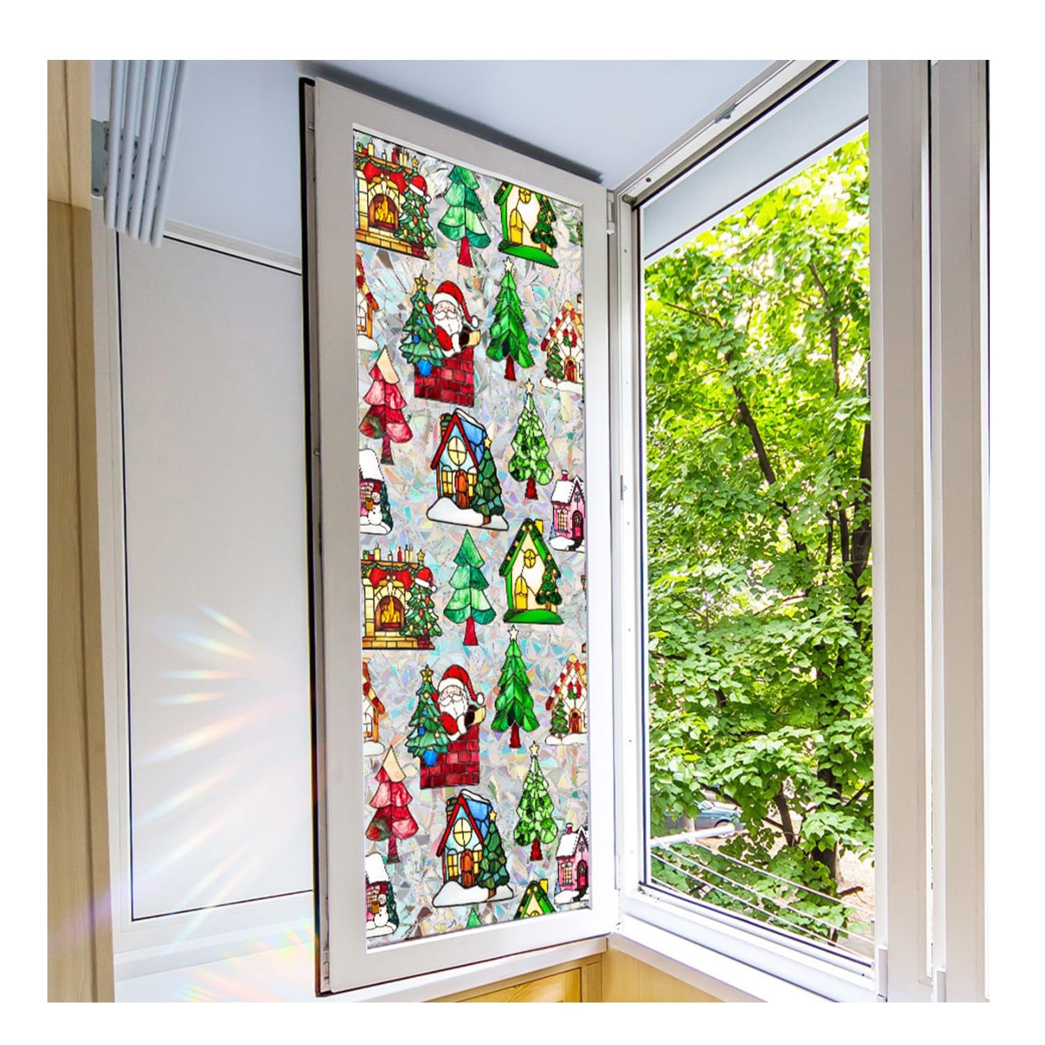 Christmas Window Privacy Film, Snowflake Snowman Santa Gnome Xmas Window Clings Decoration, Electrostatic Adsorption and Reusable, Colorful Ornaments for Winter and Christmas Party(House)
