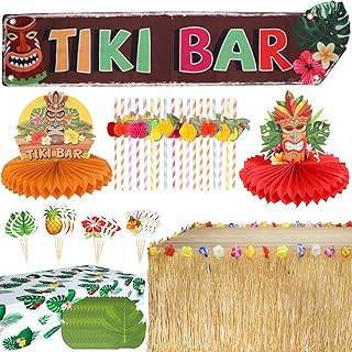 Auihiay Tropical Party Decorations, Luau Party Supplies Include Table Skirt, Tablecloth, Tiki Banner, Straws, Palm Leaves, Cupcake Toppers, Honeycomb Centerpieces, Hawaiian Themed Party Decorations