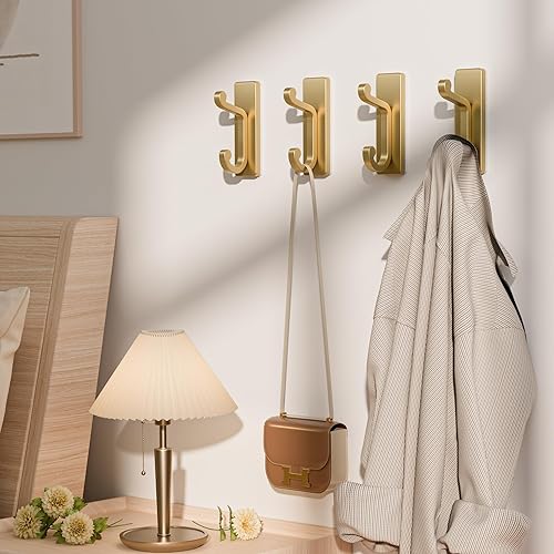 Miniatura 7 de Paquete de 4 ganchos de pared autoadhesivos para abrigos, gancho doble de acero inoxidable resistente para ropa, toallas, llaves, bolso, mochila,