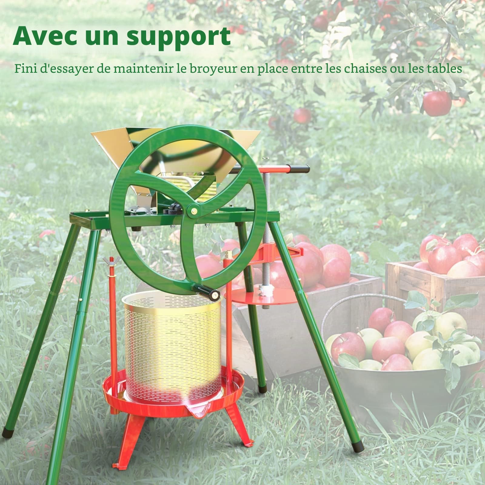 Broyeur de fruits et pommes avec volant d'inertie et support – Moulin à jus manuel en acier inoxydable de 7 L, broyeur à fruits pour pressage du vin et du cidre