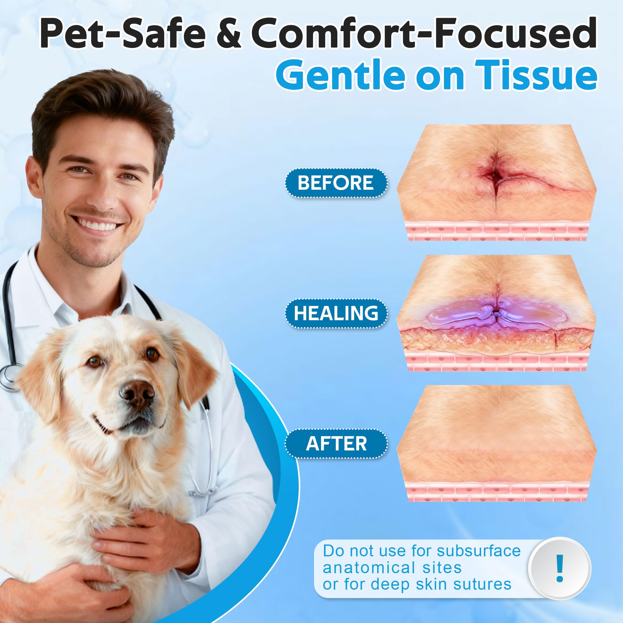 Veterinary Surgical Skin Glue, Strong Surgical Adhesive with 10 Precise Applicators, Blue Tinted Fast Acting Waterproof Wound Closure for Pets Dogs Cats, Pain Free & Stress Free(1 Pack,3ml) — Amazon image 6