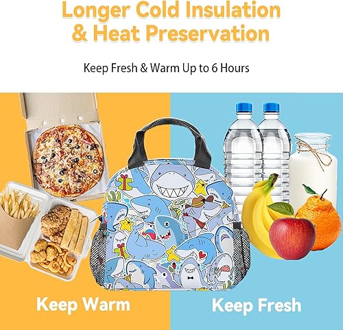 Miniatura 6 de Lonchera de tiburón para niños, lonchera aislada para niños, lindas bolsas de almuerzo azules con correa, bolsa de almuerzo reutilizable mediana