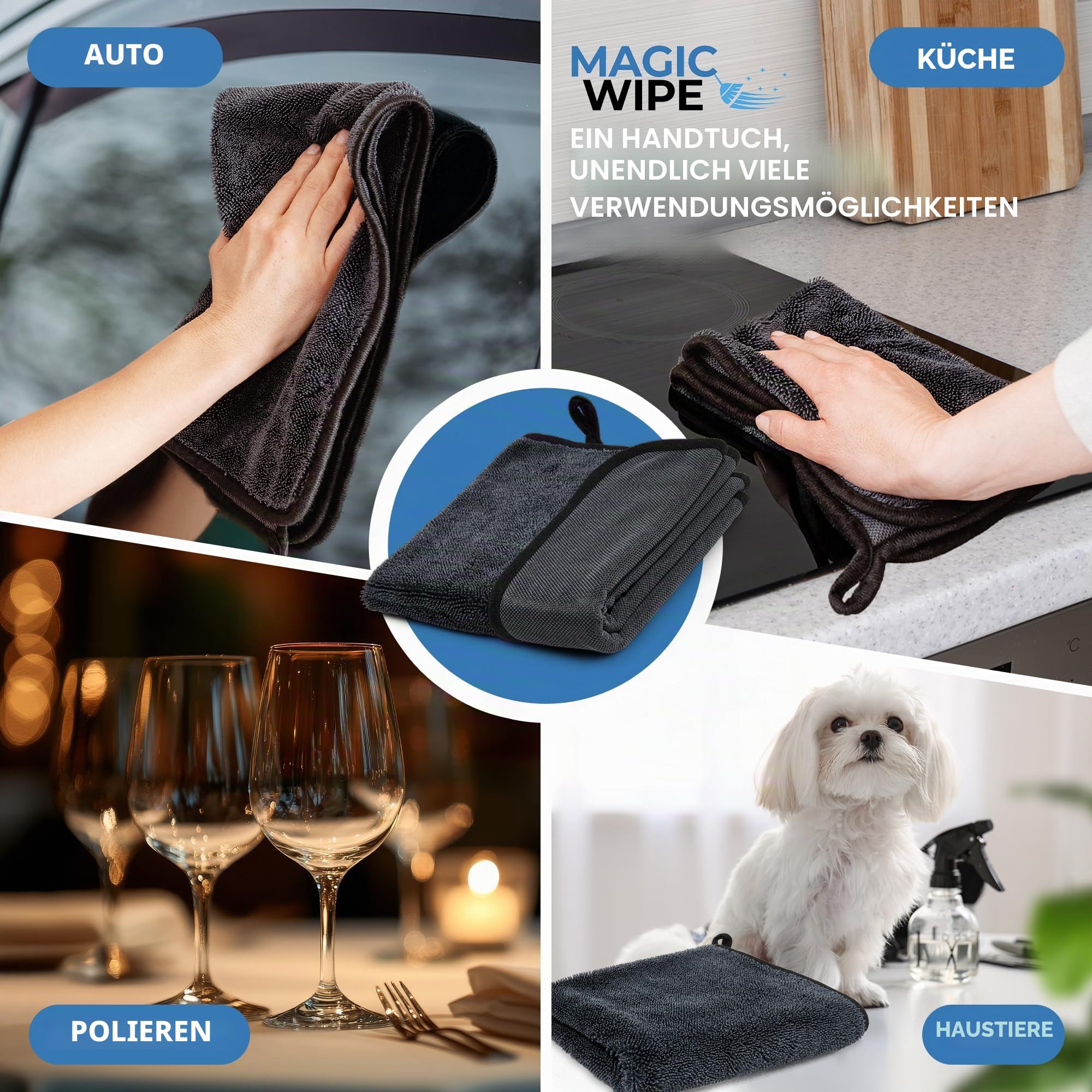 Magicwipe® Badezimmer Trockentuch XXL (40×60cm, 4er Pack) - Entfernt Kalk & Hartwasserflecken in Sekunden mit nur Wasser - Streifenfrei für Duschglas & Fliesen - Wiederverwendbares Mikrofasertuch