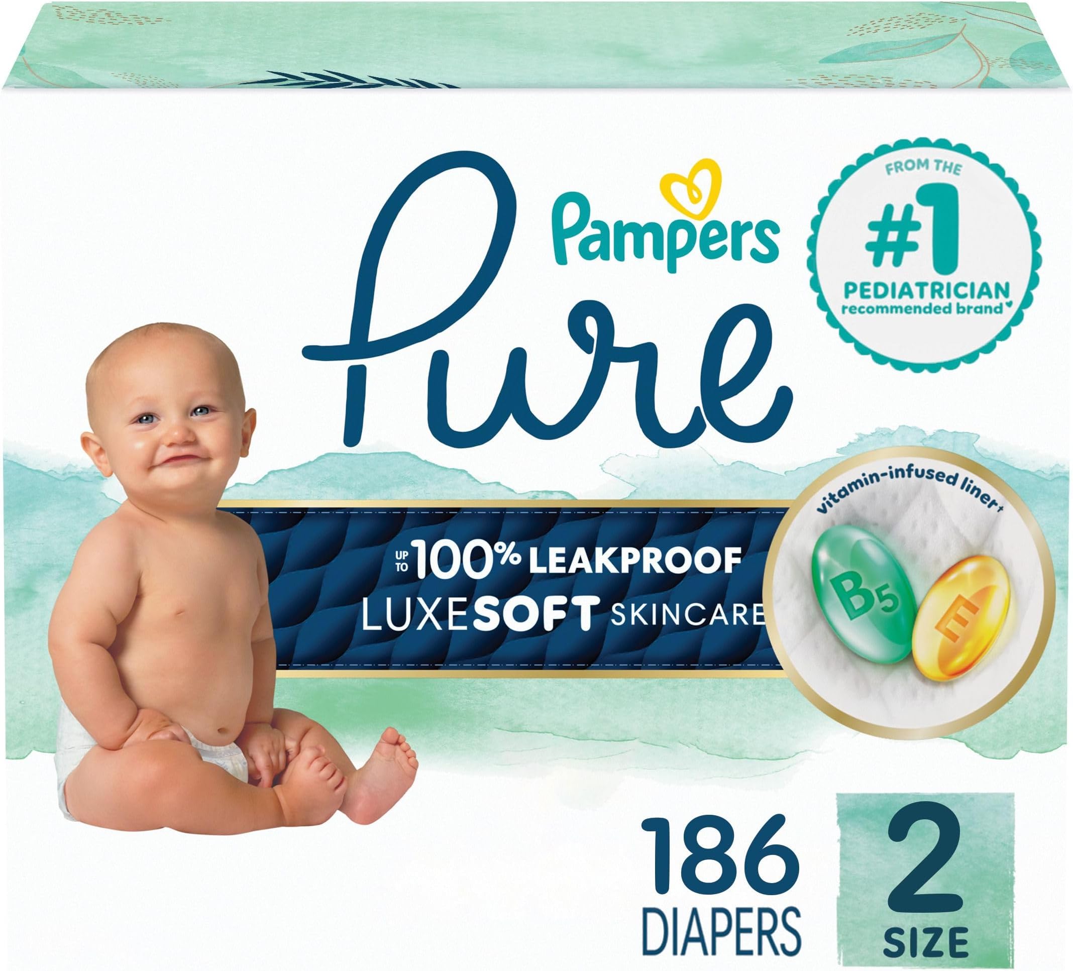 Pure Baby Diapers, Size 2 (12-18 lbs), 186, Up to 100% Leakproof, Premium Hypoallergenic Soft Diapers