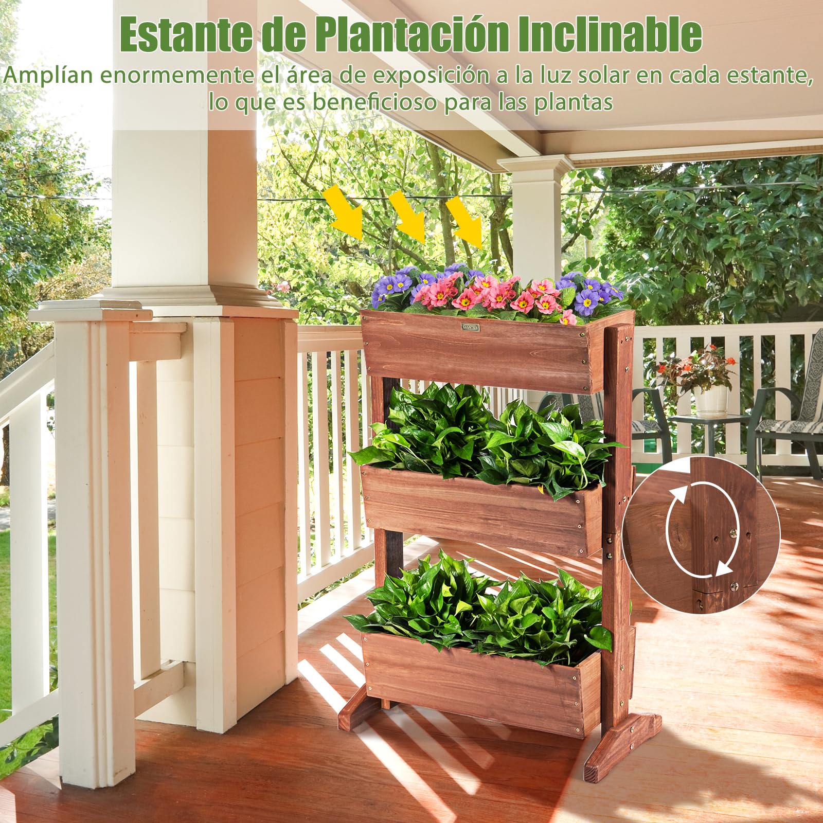 RELAX4LIFE Huerto Urbano de Madera de Abeto con 3 Macetas, Jardinera Vertical con Inclinación Ajustable y 2 Agujeros de Drenaje para Verduras, Flores, Frutas, Hierbas, Soporte Plantas, 71x38x105cm