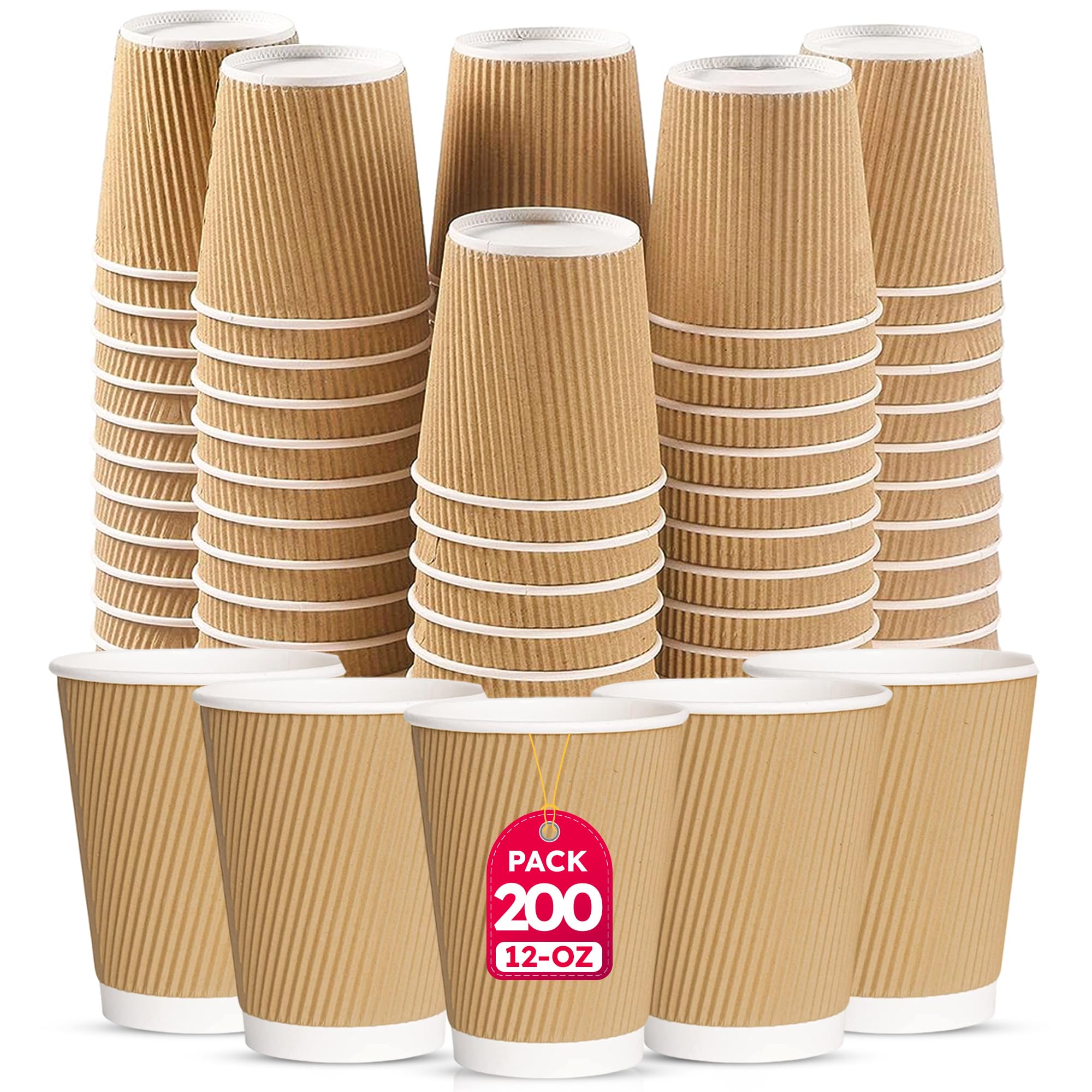 CHEF ROYALE 200x 12oz Disposable Kraft Ripple Paper Hot Coffee Cups - Paper Cups for Hot and Cold Drinks - Insulated Takeaway Coffee Cups for Eco-Friendly Hot Cups Wedding Birthday Party (200, 12oz)